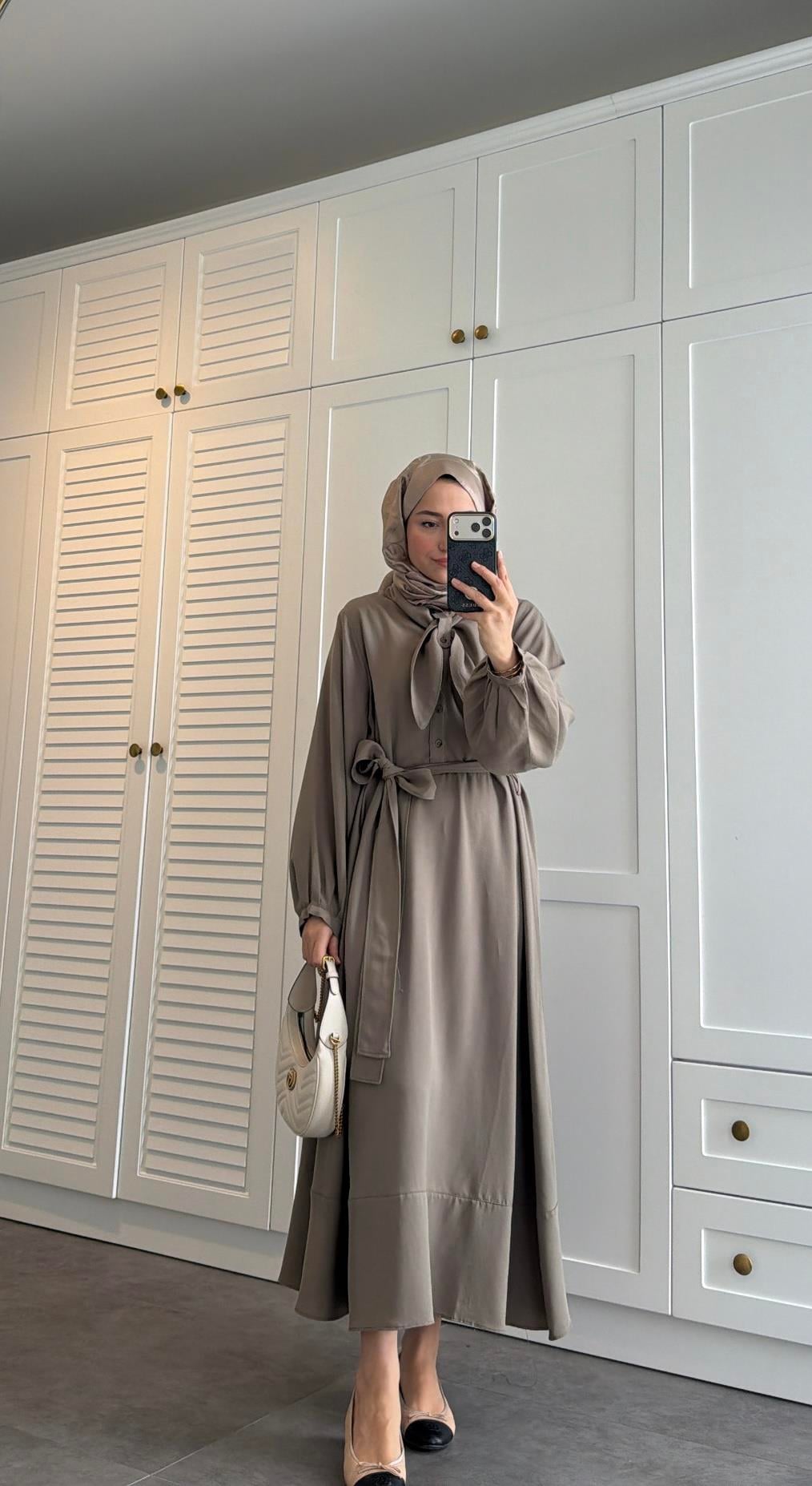 Zr Model Fular Detaylı Elbise Haki