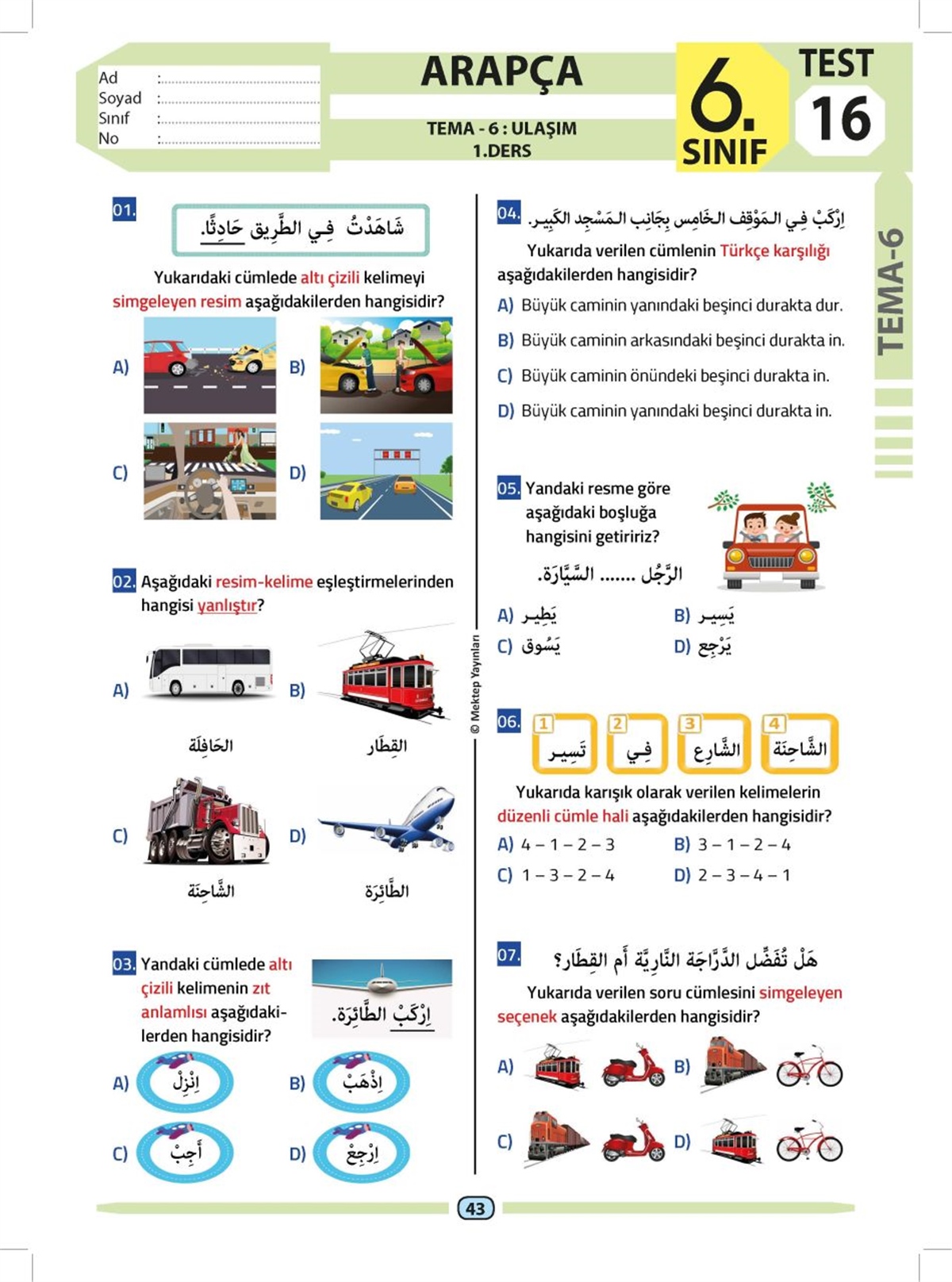 6.Sınıf Arapça Test KitabıMektep YayınlarıArapça Dil Öğretimi