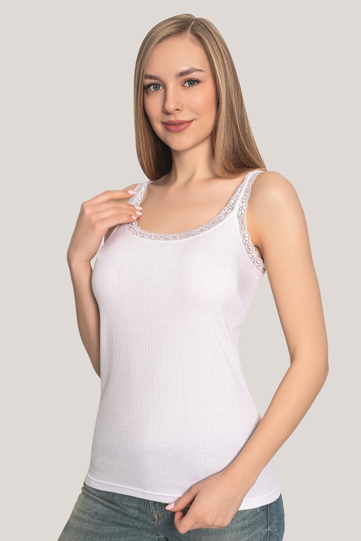  Beyaz 3'lü Paket Kadın İnce Askılı Dantelli Atlet %100 Pamuk
