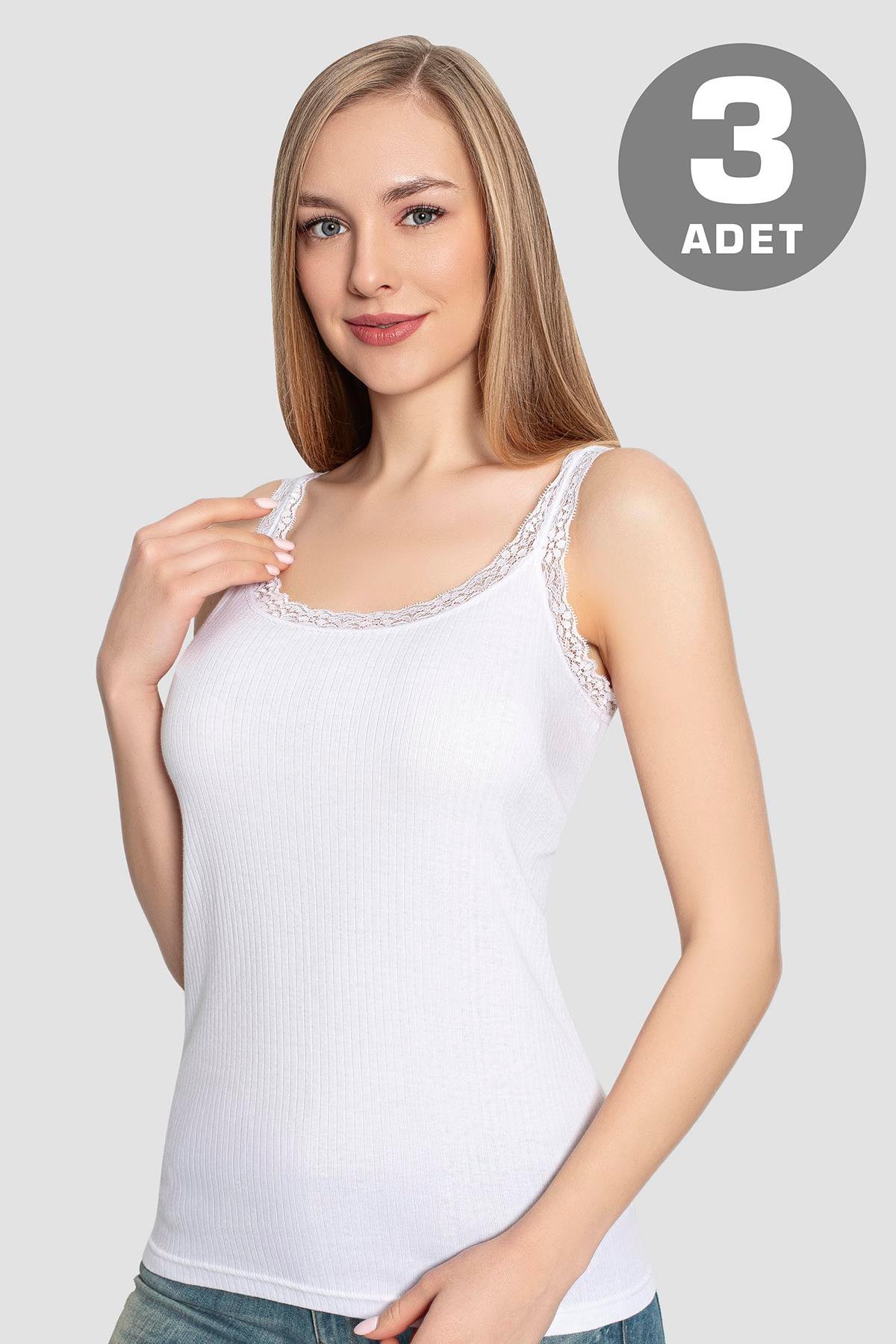  Beyaz 3'lü Paket Kadın İnce Askılı Dantelli Atlet %100 Pamuk