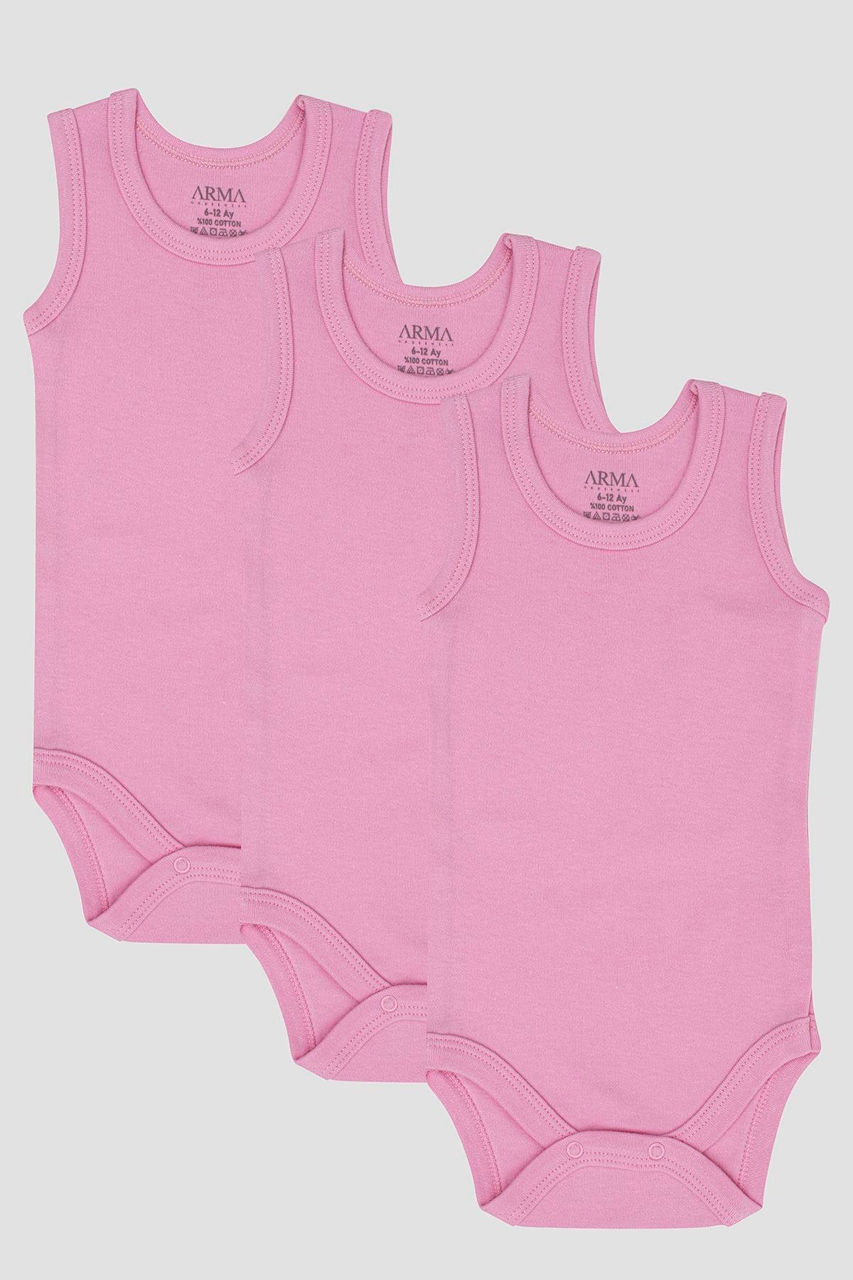 %100 Organik Pamuk 3'lü Pembe Bebek Atlet Çıtçıtlı Zıbın Body