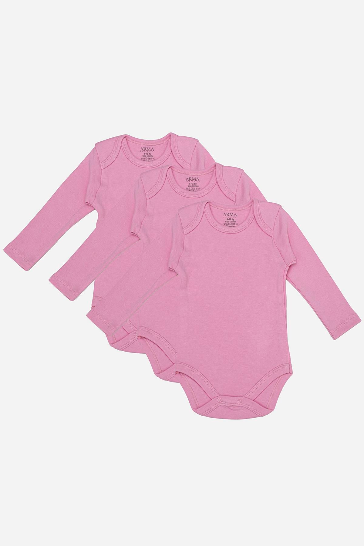%100 Organik Pamuk 3'lü Pembe Uzun Kollu Bebek Çıtçıtlı Zıbın Body