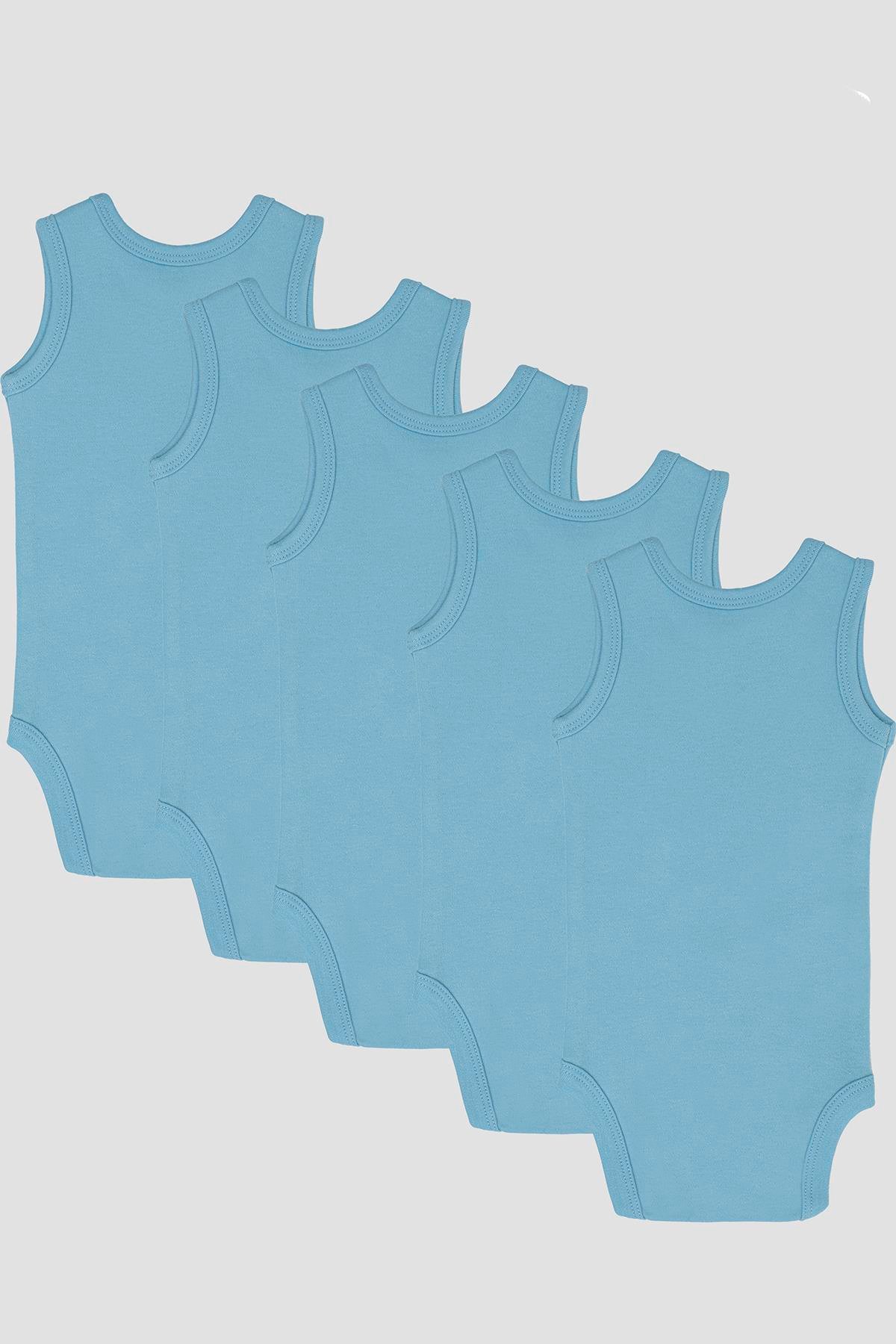 %100 Organik Pamuklu Mavi Bebek Atlet Çıtçıtlı Zıbın Body 5'li Paket