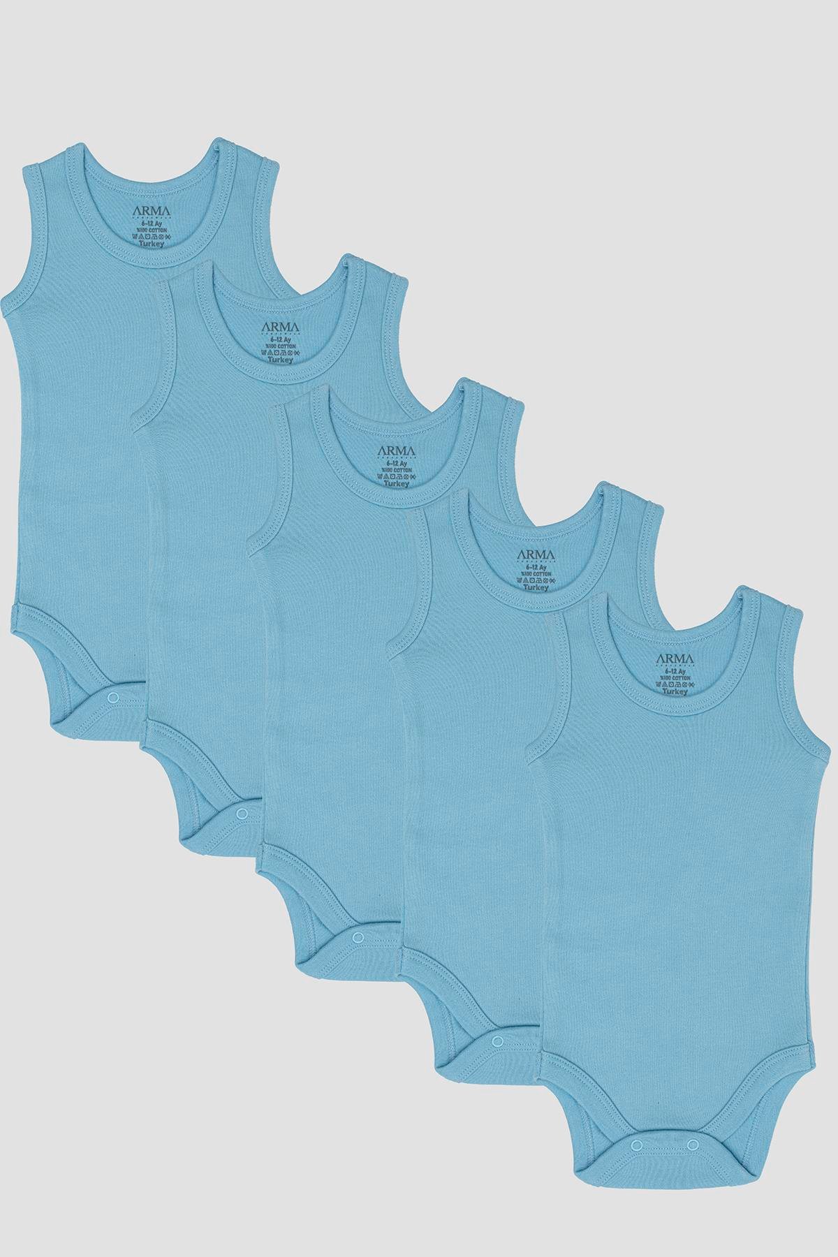 %100 Organik Pamuklu Mavi Bebek Atlet Çıtçıtlı Zıbın Body 5'li Paket