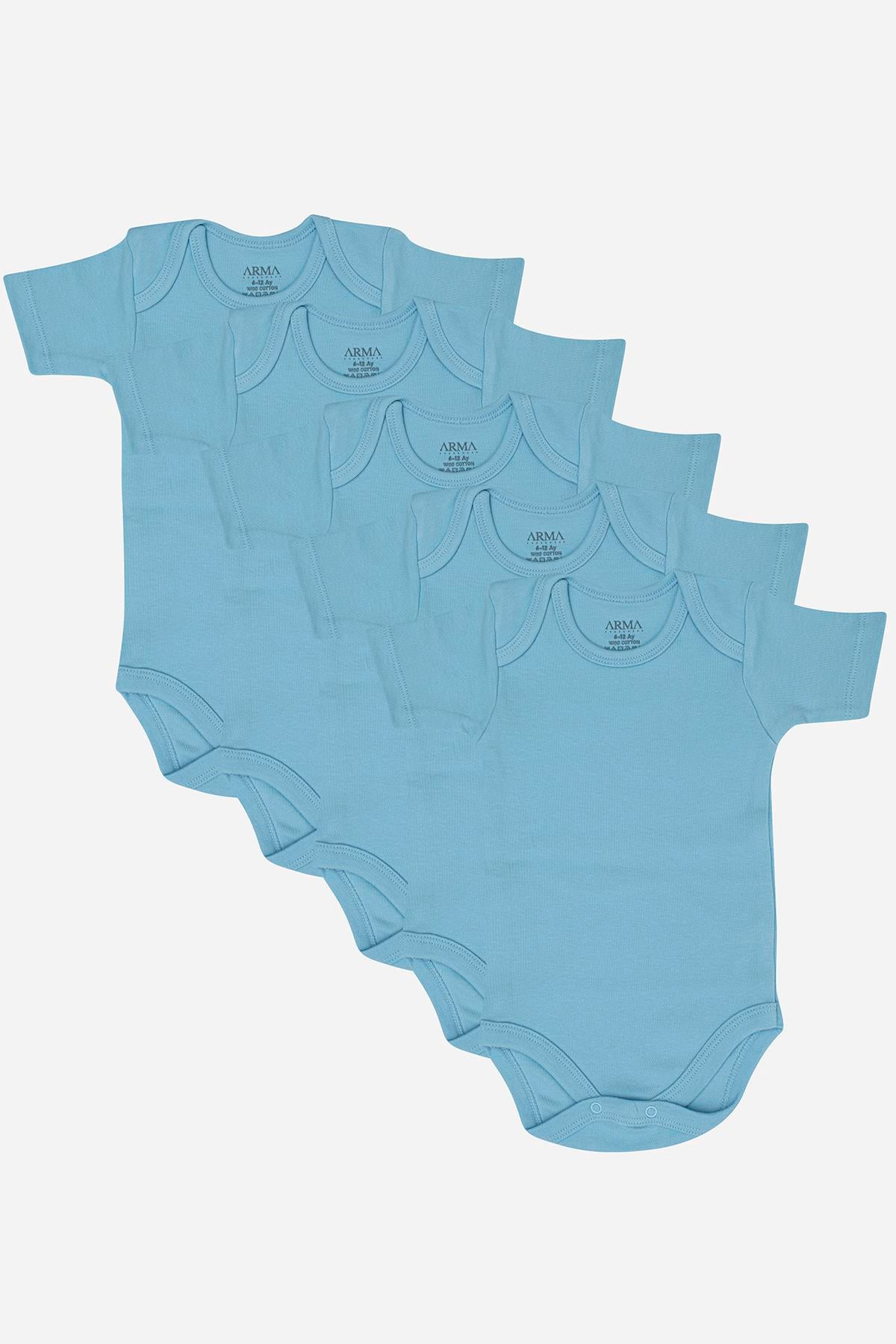 %100 Organik Pamuklu Mavi Kısa Kollu Bebek Body 5'li Paket