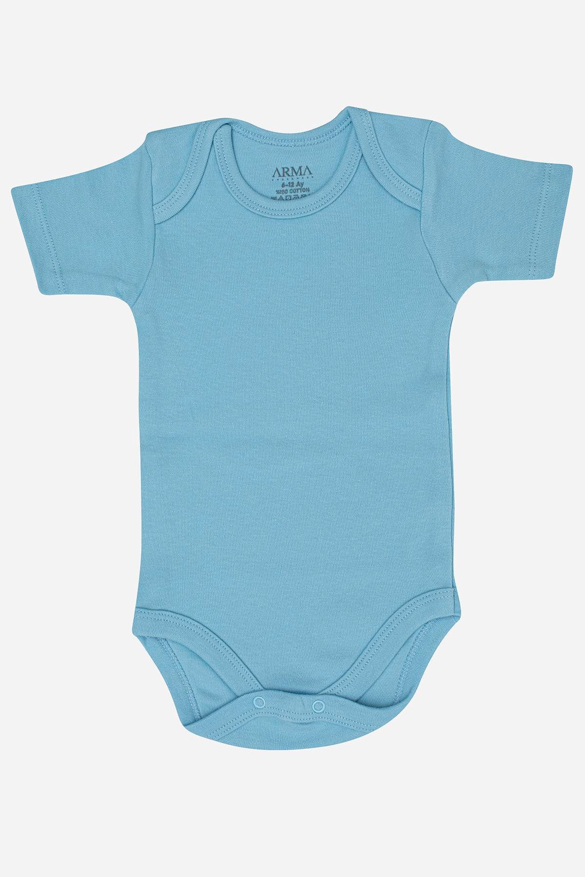 %100 Organik Pamuklu Mavi Kısa Kollu Bebek Body 5'li Paket