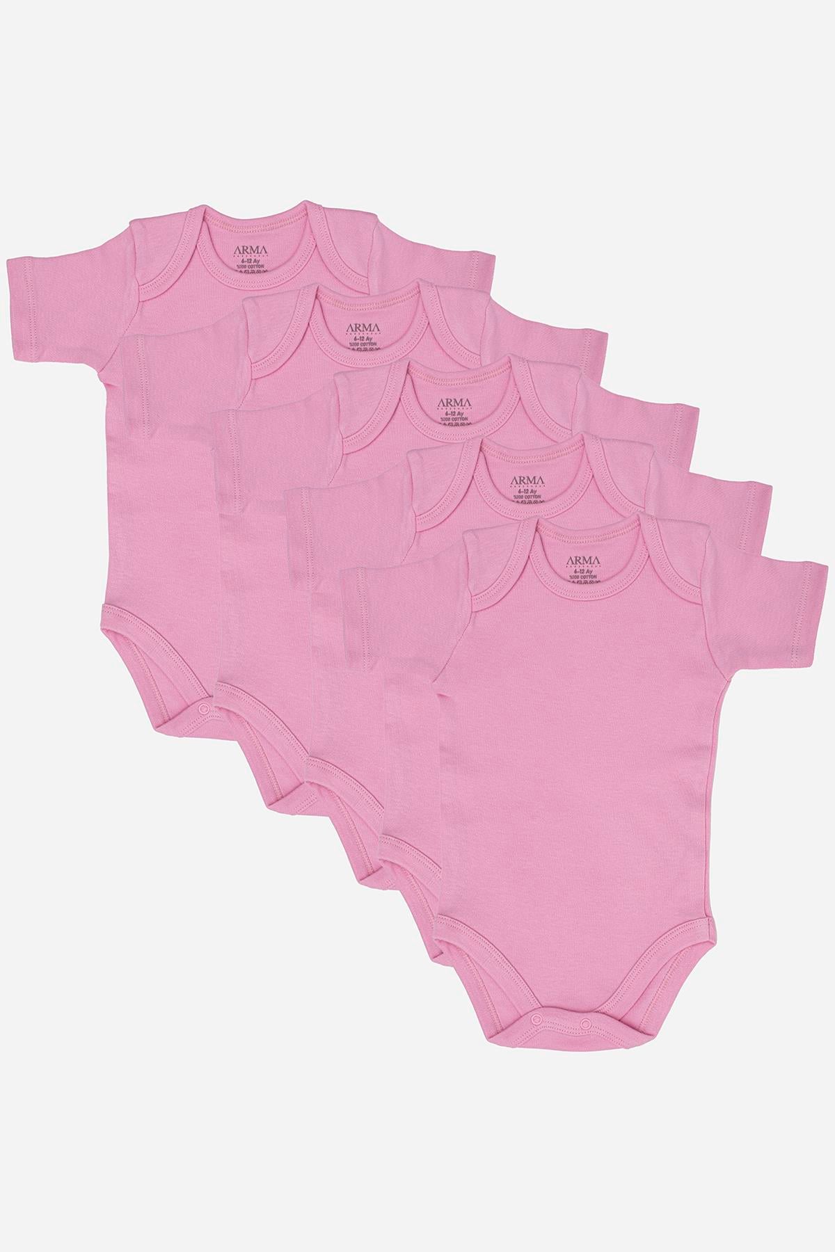 %100 Organik Pamuklu Pembe Kısa Kollu Bebek Body 5'li Paket