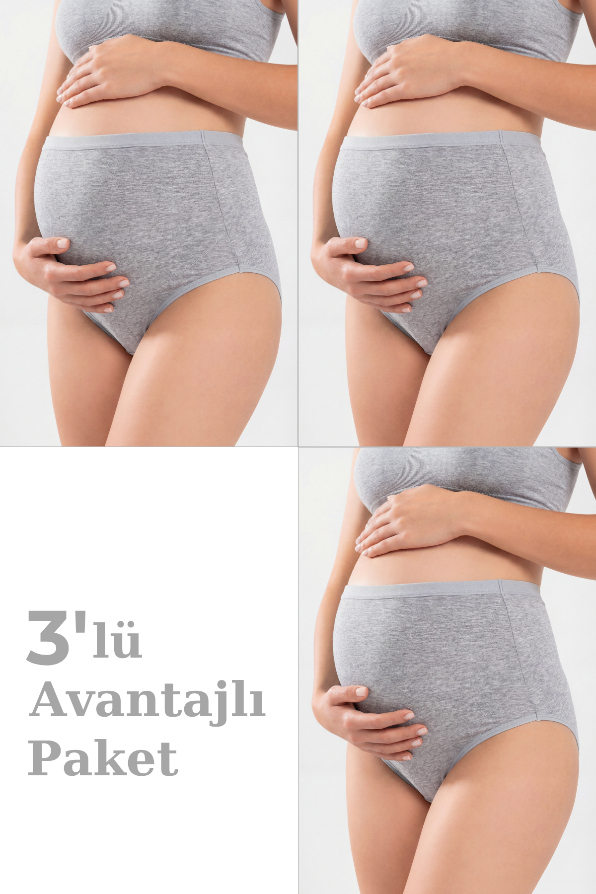 3'lü Paket Kadın Gri Pamuklu Likralı Yüksek Bel Hamile Lohusa Külot Esnek ve Rahat Kumaş