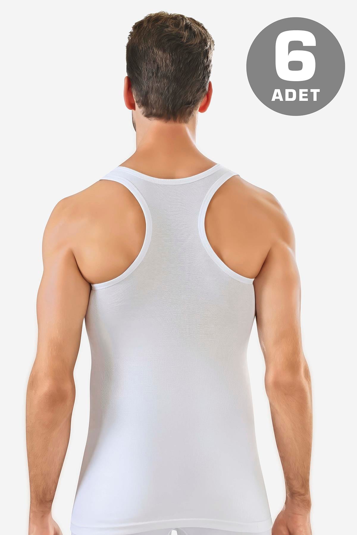 6'lı Paket Beyaz Erkek Rambo Sporcu Atlet %100 Pamuk Ribana