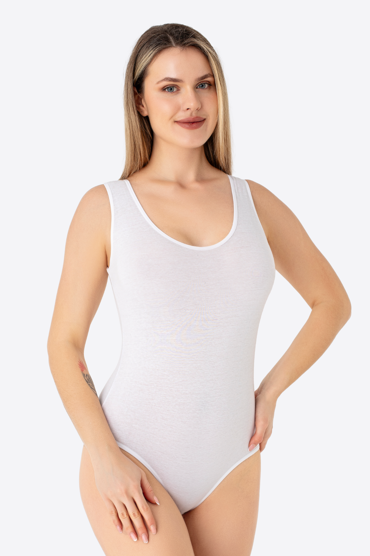 Beyaz 2'li Kadın Çıtçıtlı Atlet / Body Kalın Askılı Pamuklu Likralı