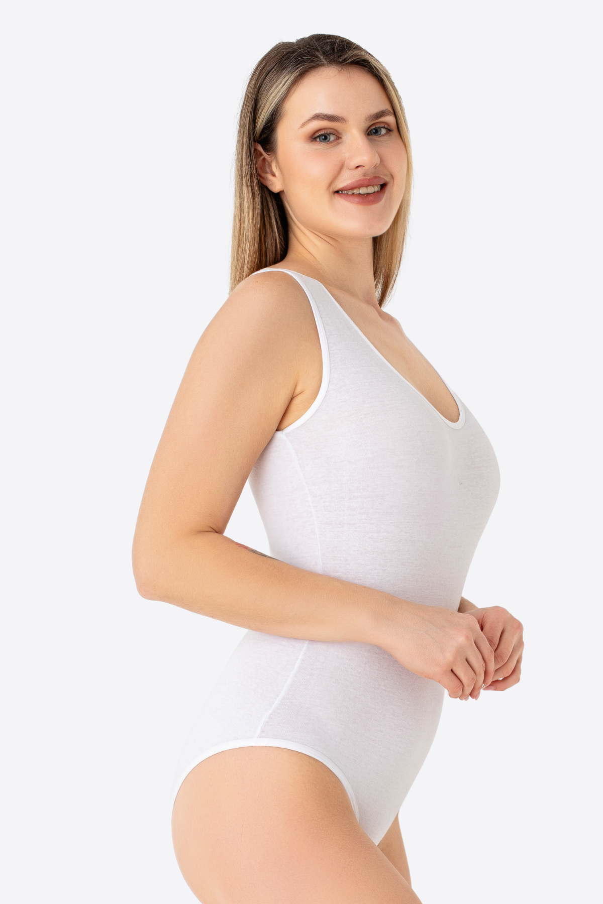 Beyaz 2'li Kadın Çıtçıtlı Atlet / Body Kalın Askılı Pamuklu Likralı