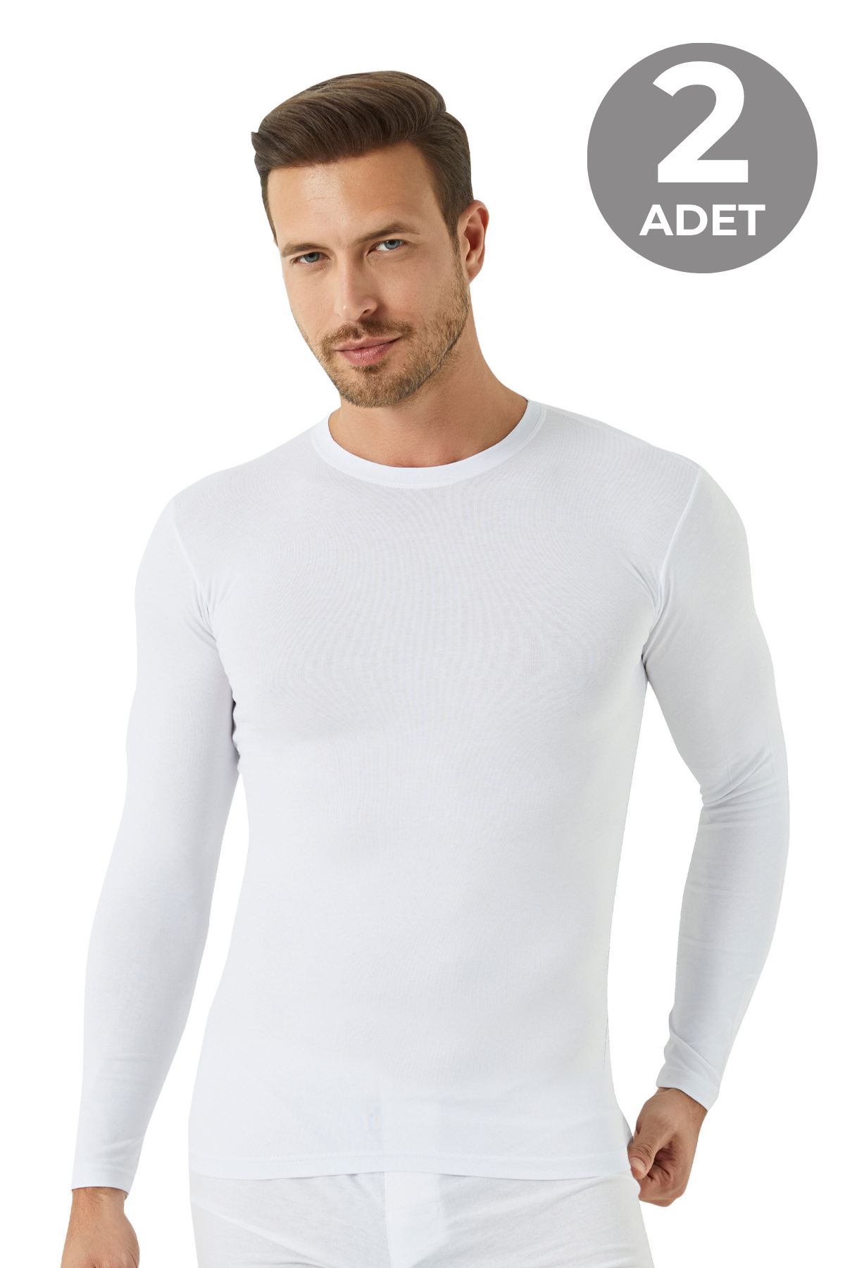Beyaz Erkek Regular Fit Bisiklet Yaka Uzun Kollu Tişört 2'li Paket %100 Pamuk 
