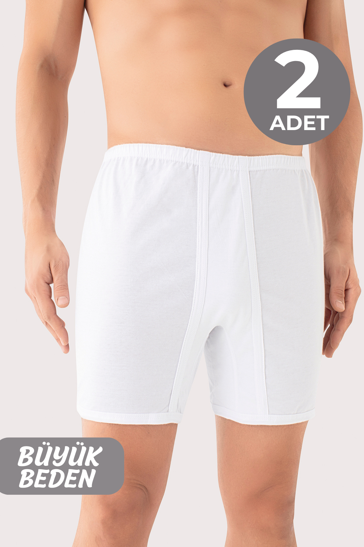 Büyük Beden Erkek Paçalı Külot Boxer 2'li Paket Beyaz %100 Pamuk 