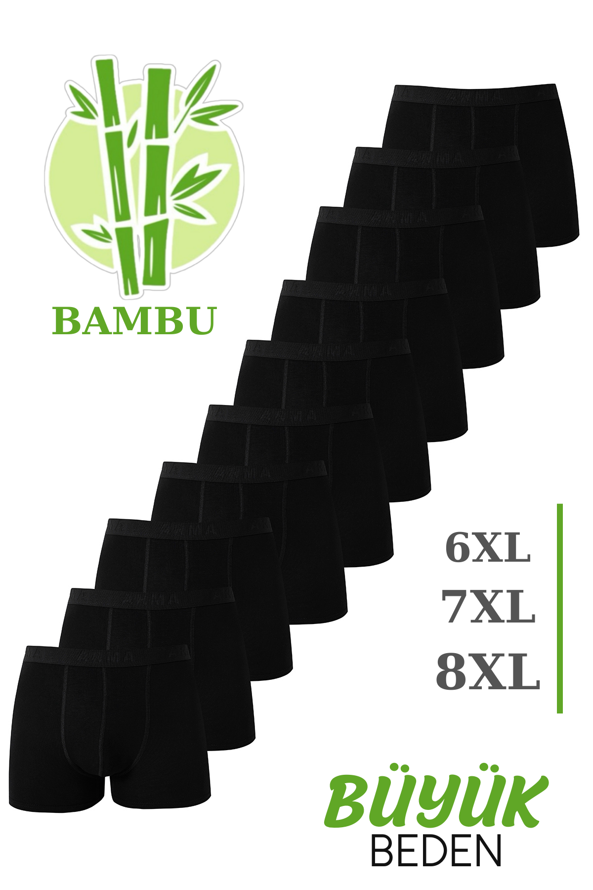 Erkek Bambu Büyük Beden Boxer Siyah 10'lu Paket