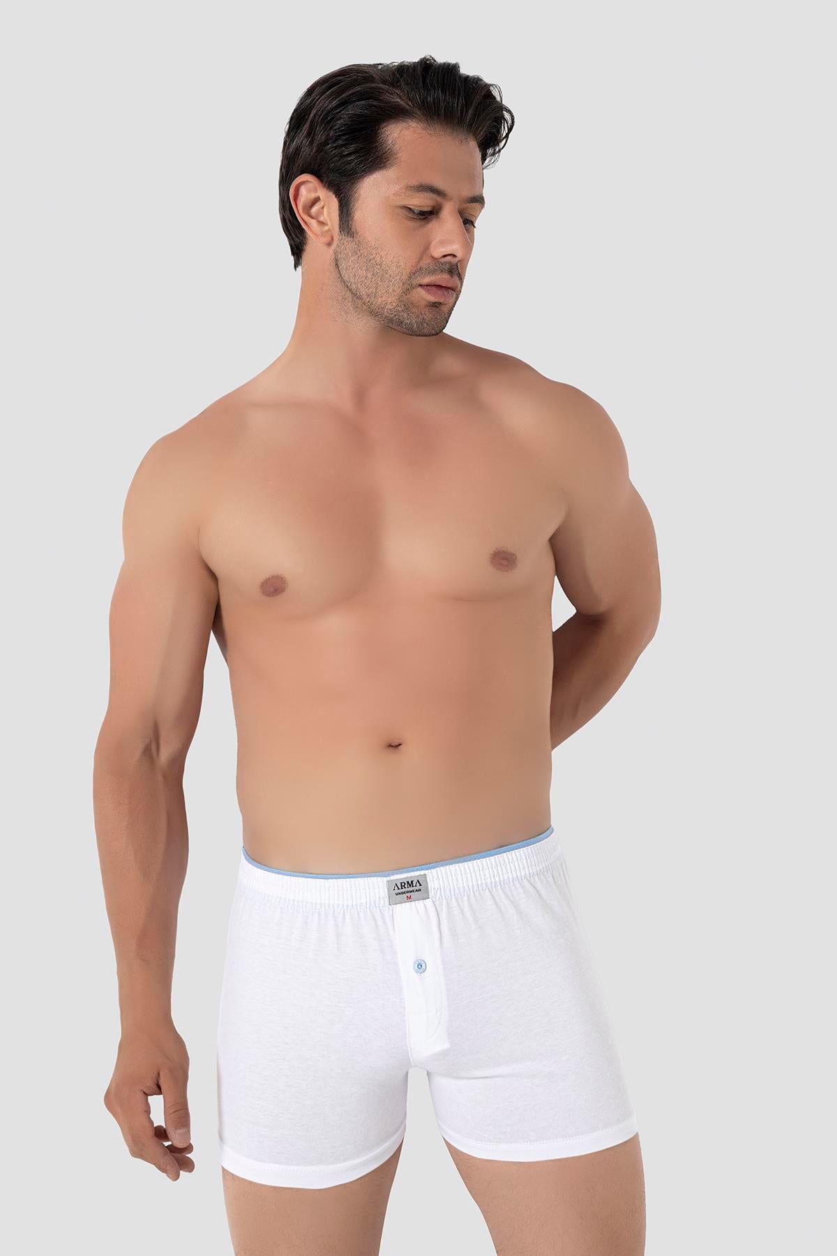 Erkek Beyaz Düğmeli Boxer 3'lü Paket %100 Pamuklu Penye