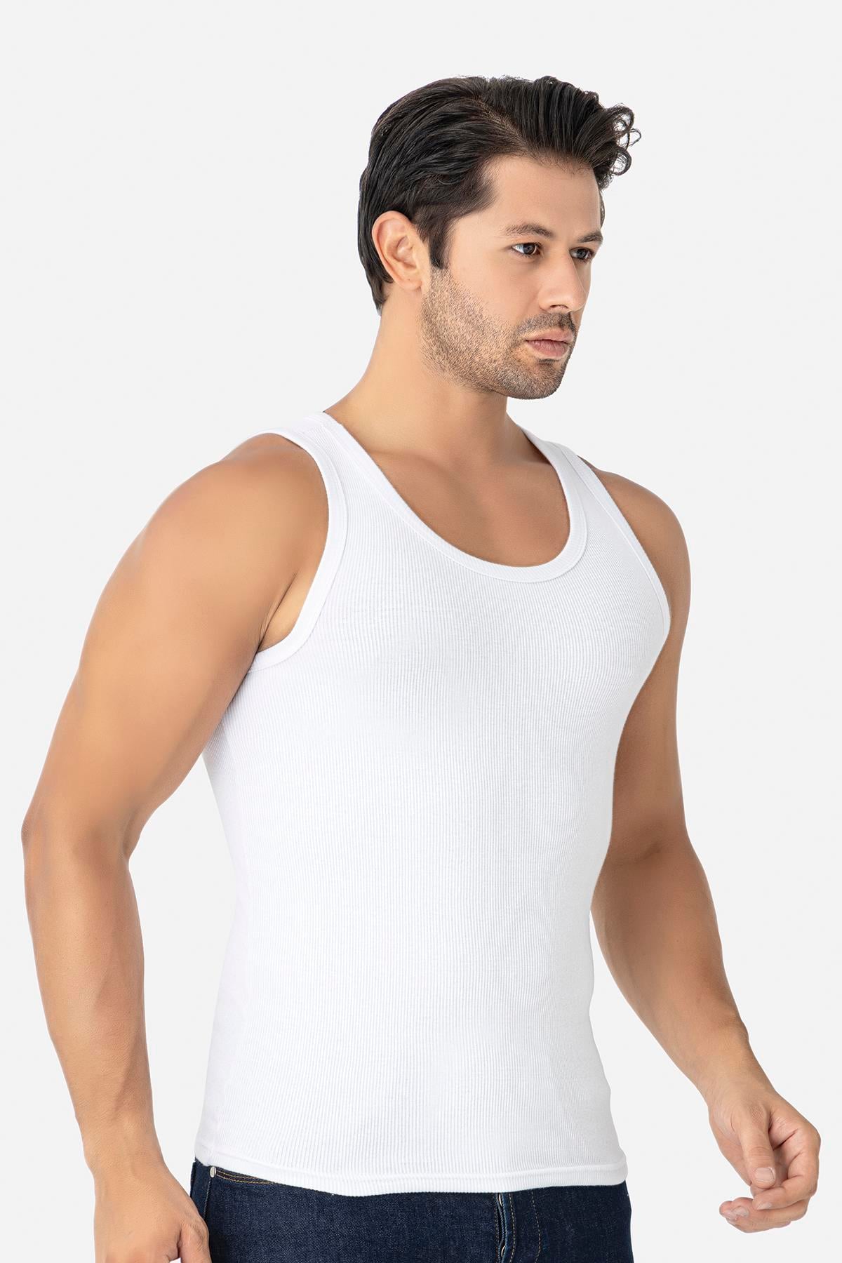 Erkek Beyaz Fitilli Atlet Pamuklu Likralı Kaşkorse Halter Yaka Slim Fit Atlet