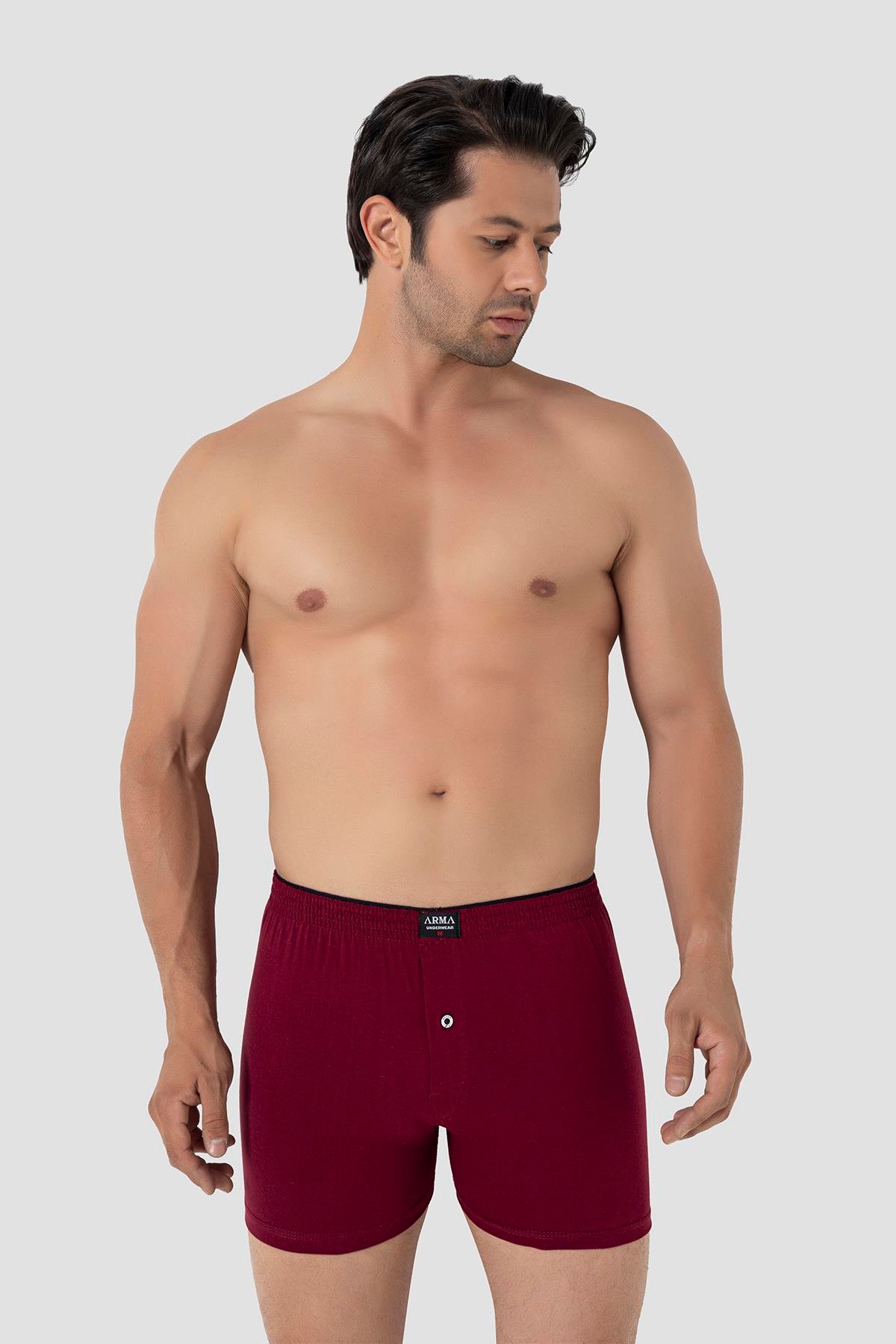 Erkek Bordo Düğmeli Boxer 3'lü Paket %100 Pamuklu Penye