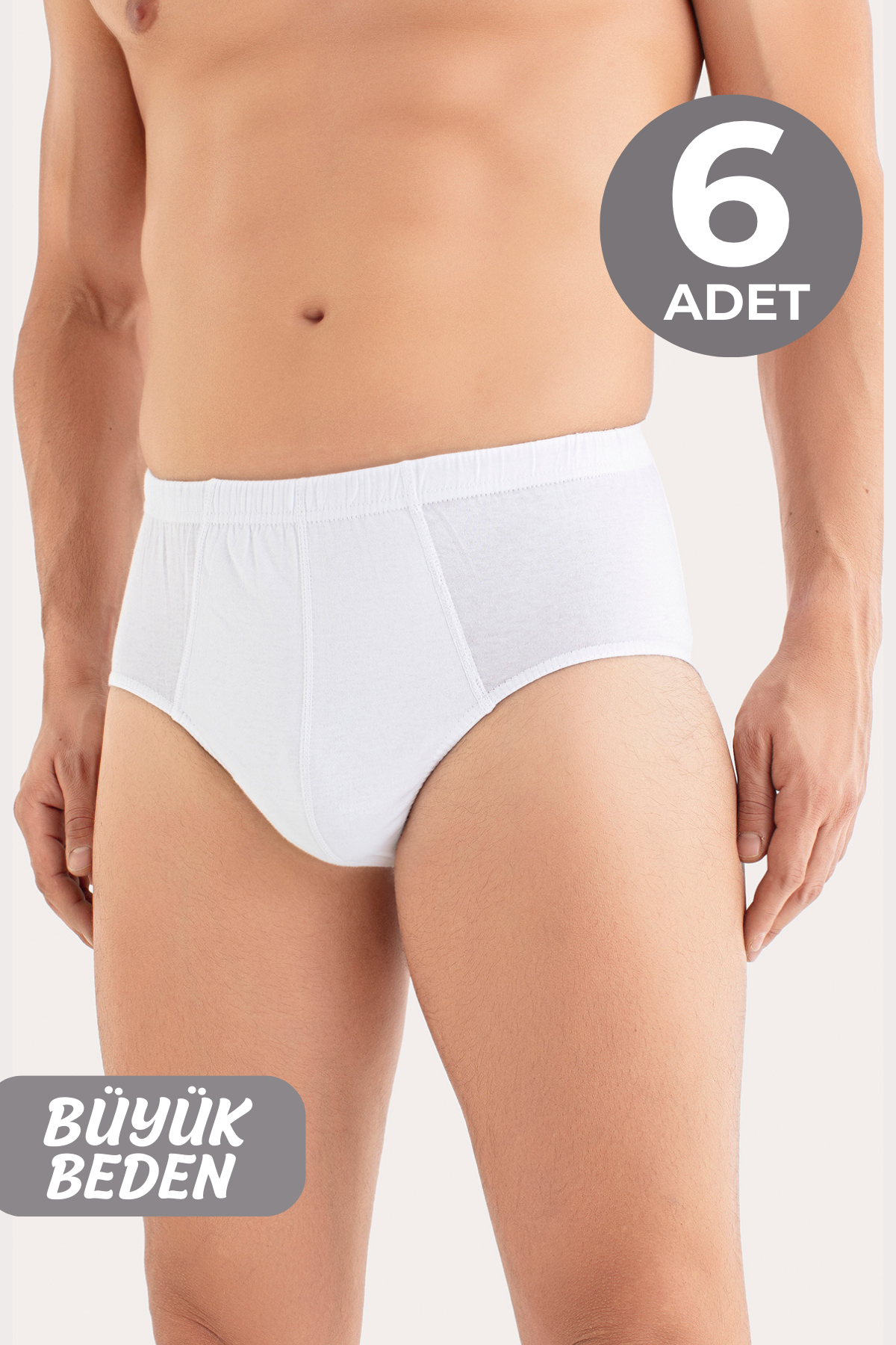 Erkek Büyük Beden Külot Slip 6'lı Paket Beyaz %100 Pamuk 