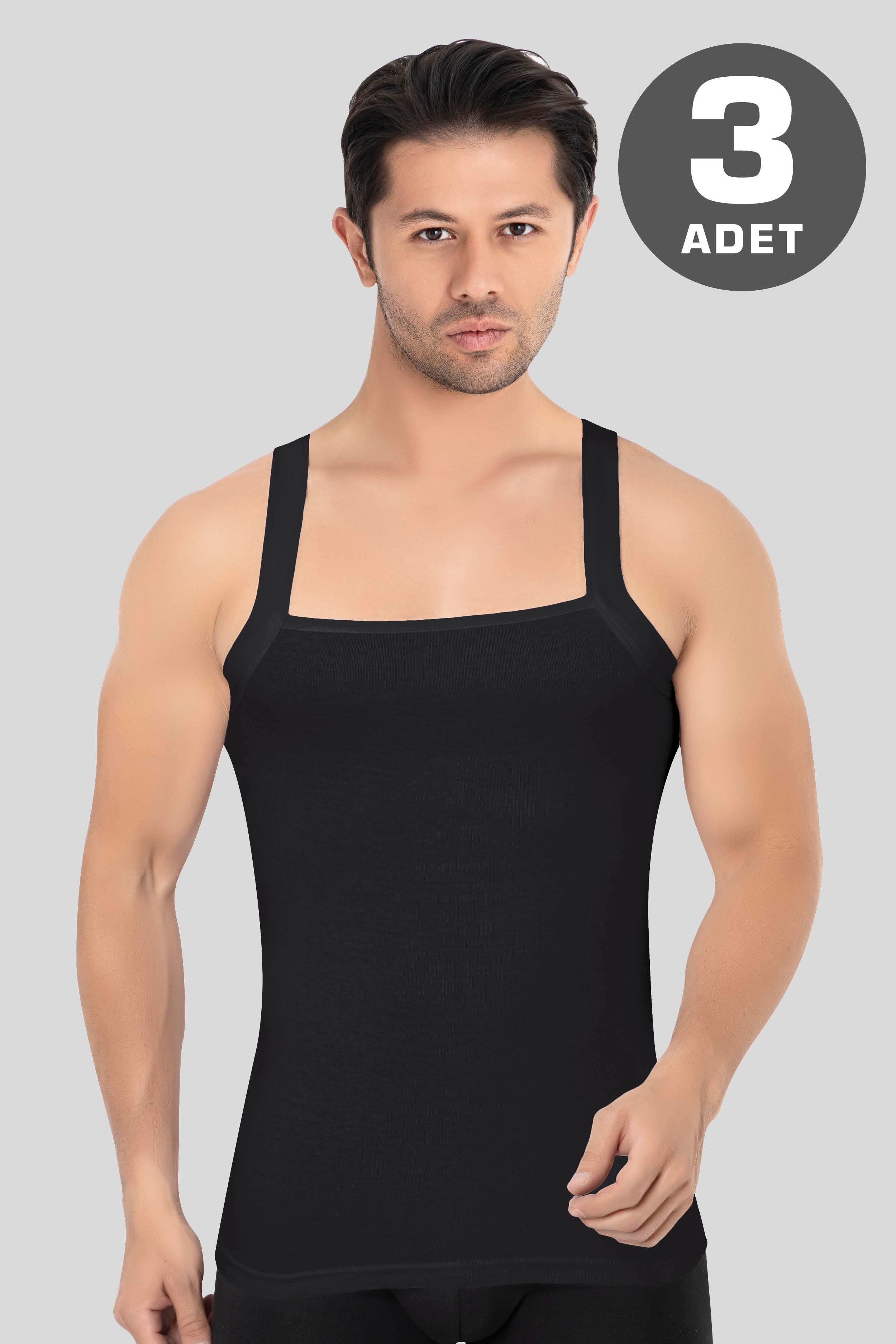 Erkek Geniş Biyeli Atlet %100 Pamuklu Ribana Siyah 3'lü Paket