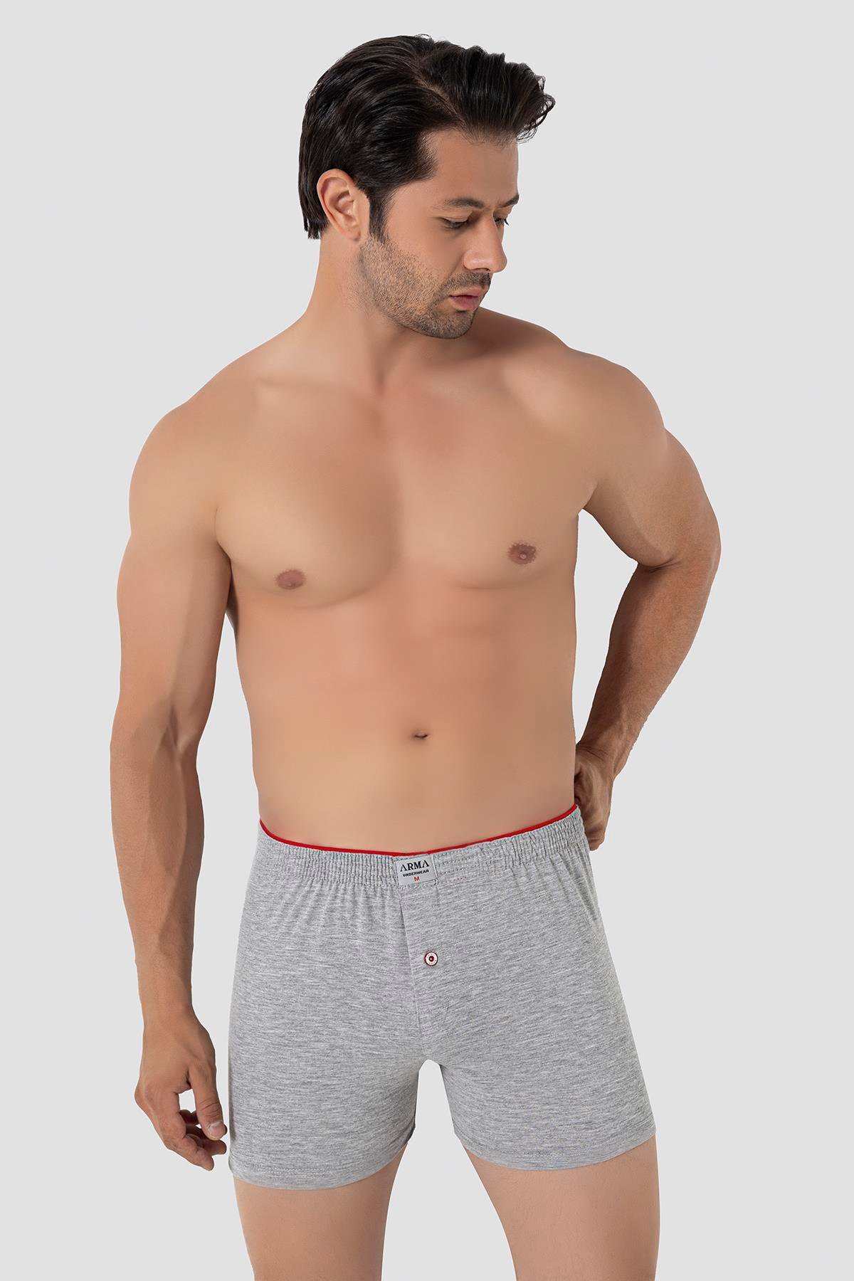 Erkek Gri Düğmeli Boxer 3'lü Paket %100 Pamuklu Penye