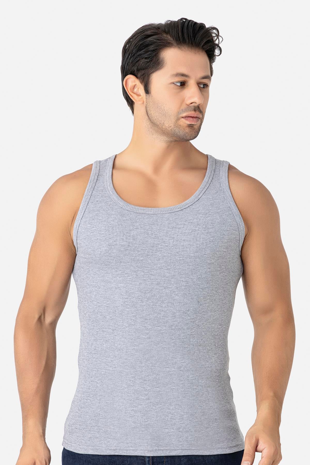 Erkek Gri Fitilli Atlet Pamuklu Likralı Kaşkorse Halter Yaka Slim Fit Atlet