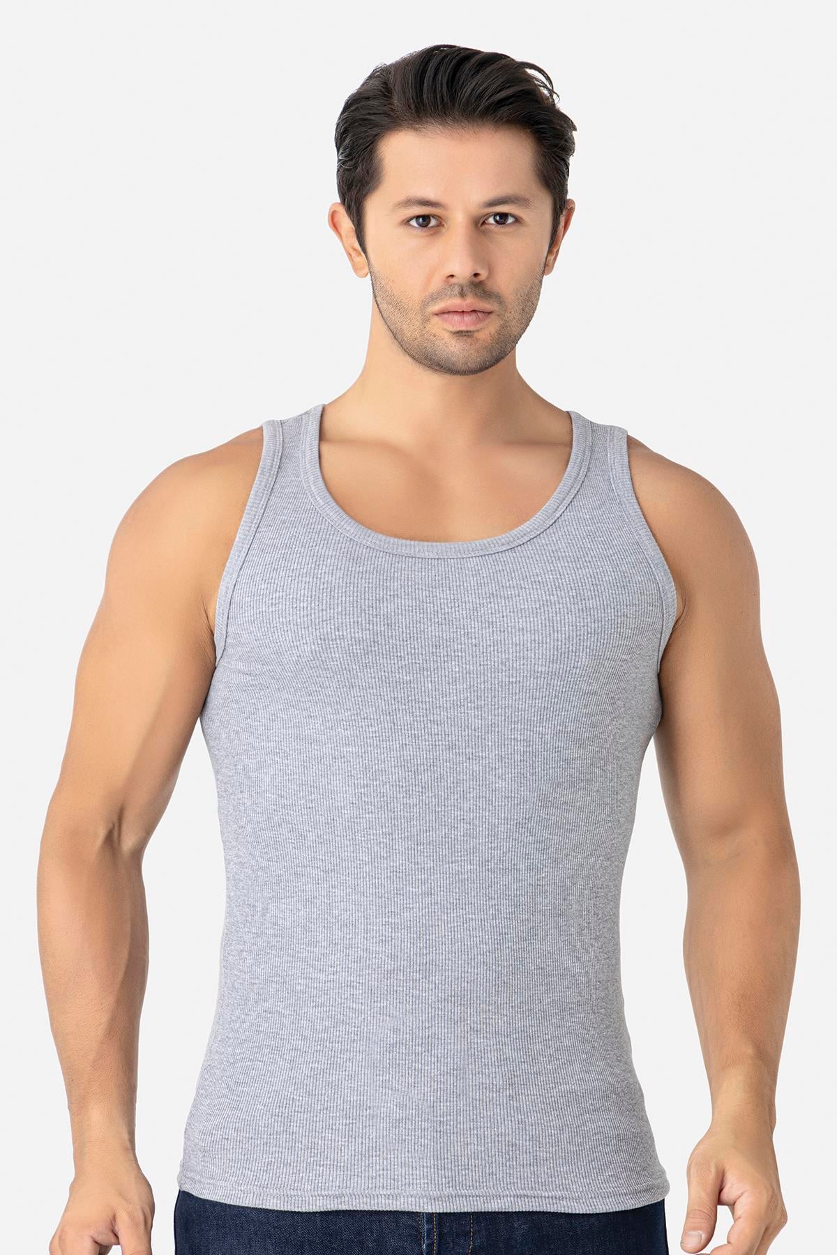 Erkek Gri Fitilli Atlet Pamuklu Likralı Kaşkorse Halter Yaka Slim Fit Atlet