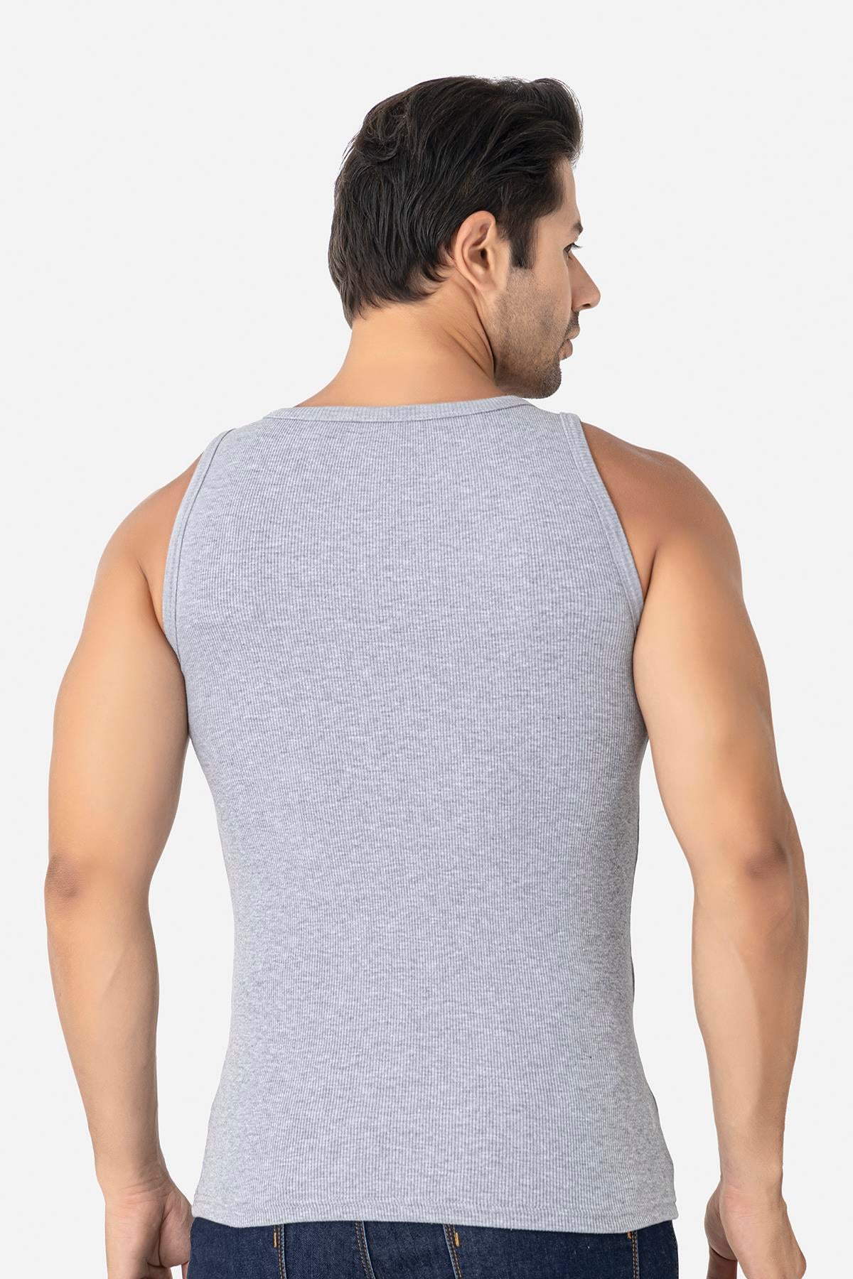 Erkek Gri Fitilli Atlet Pamuklu Likralı Kaşkorse Halter Yaka Slim Fit Atlet