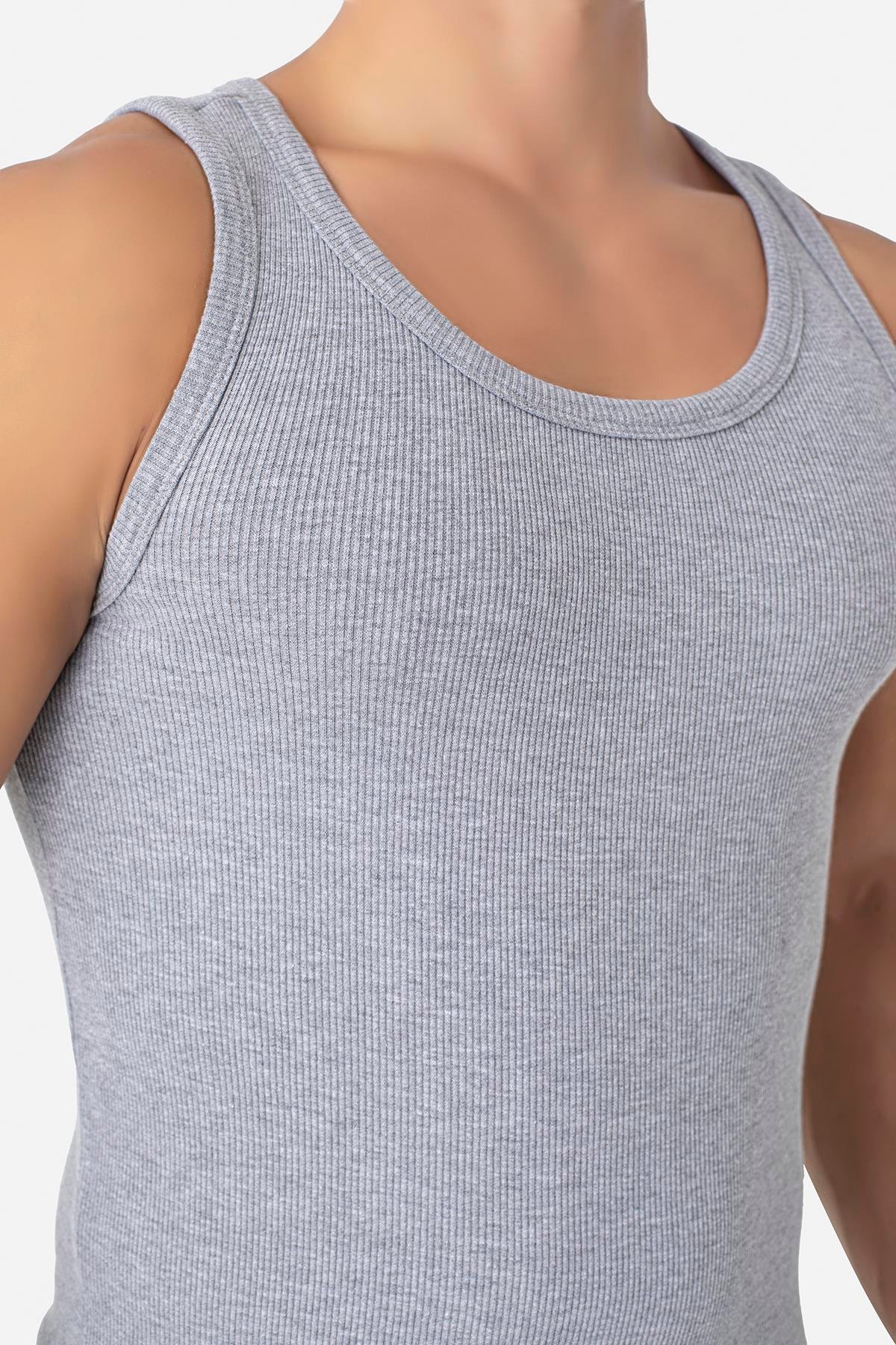 Erkek Gri Fitilli Atlet Pamuklu Likralı Kaşkorse Halter Yaka Slim Fit Atlet