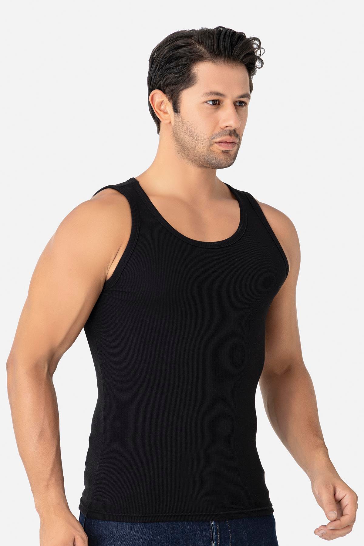 Erkek Siyah Fitilli Atlet Pamuklu Likralı Kaşkorse Halter Yaka Slim Fit Atlet