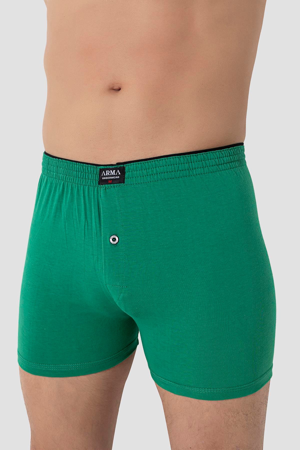 Erkek Yeşil Düğmeli Boxer 3'lü Paket %100 Pamuklu Penye