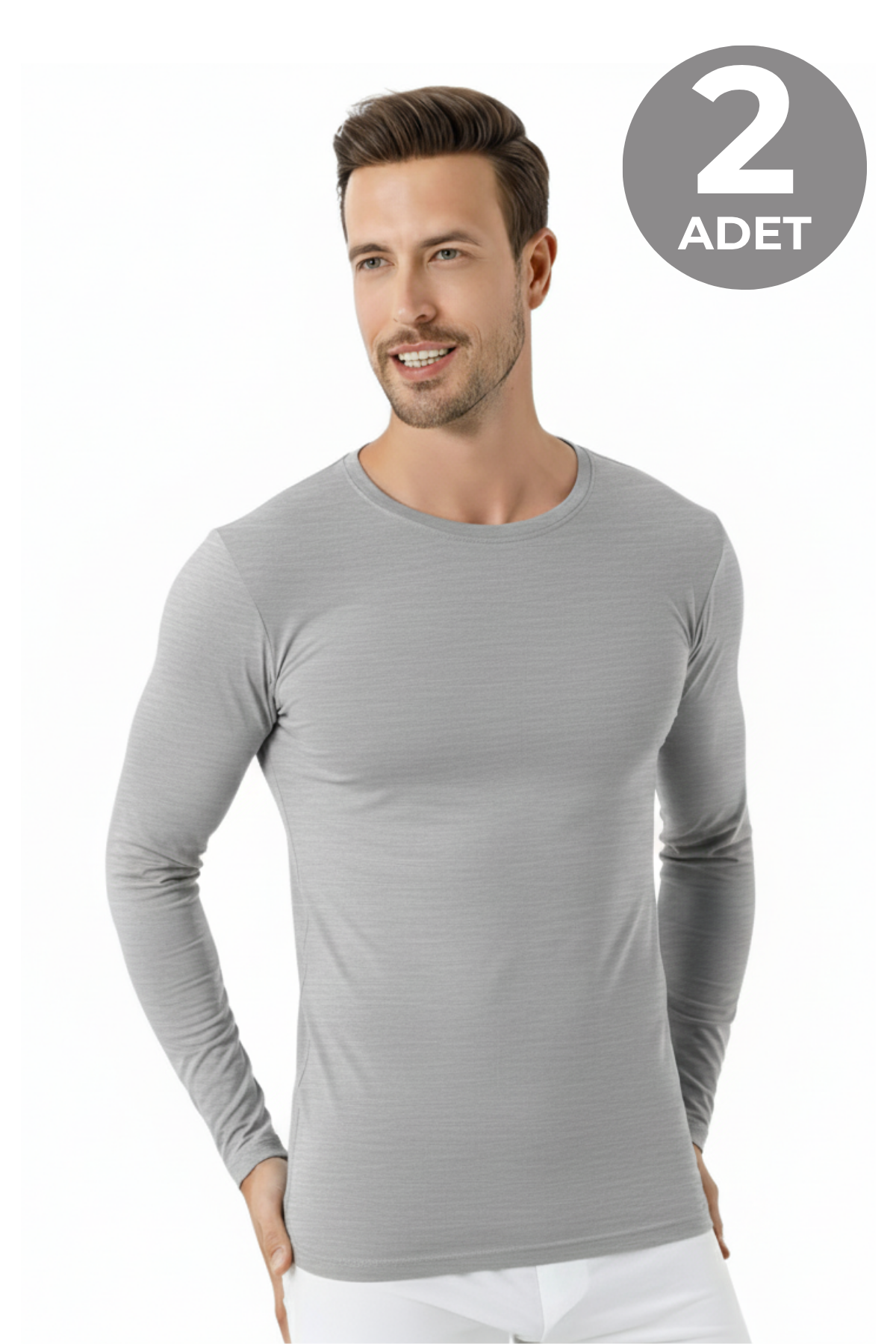 Gri Erkek Regular Fit Bisiklet Yaka Uzun Kollu Tişört 2'li Paket %100 Pamuk