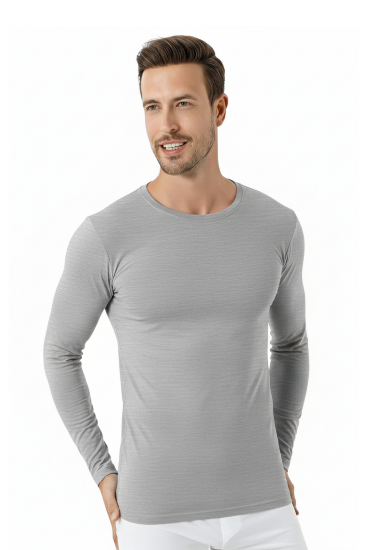 Gri Erkek Regular Fit Bisiklet Yaka Uzun Kollu Tişört 2'li Paket %100 Pamuk
