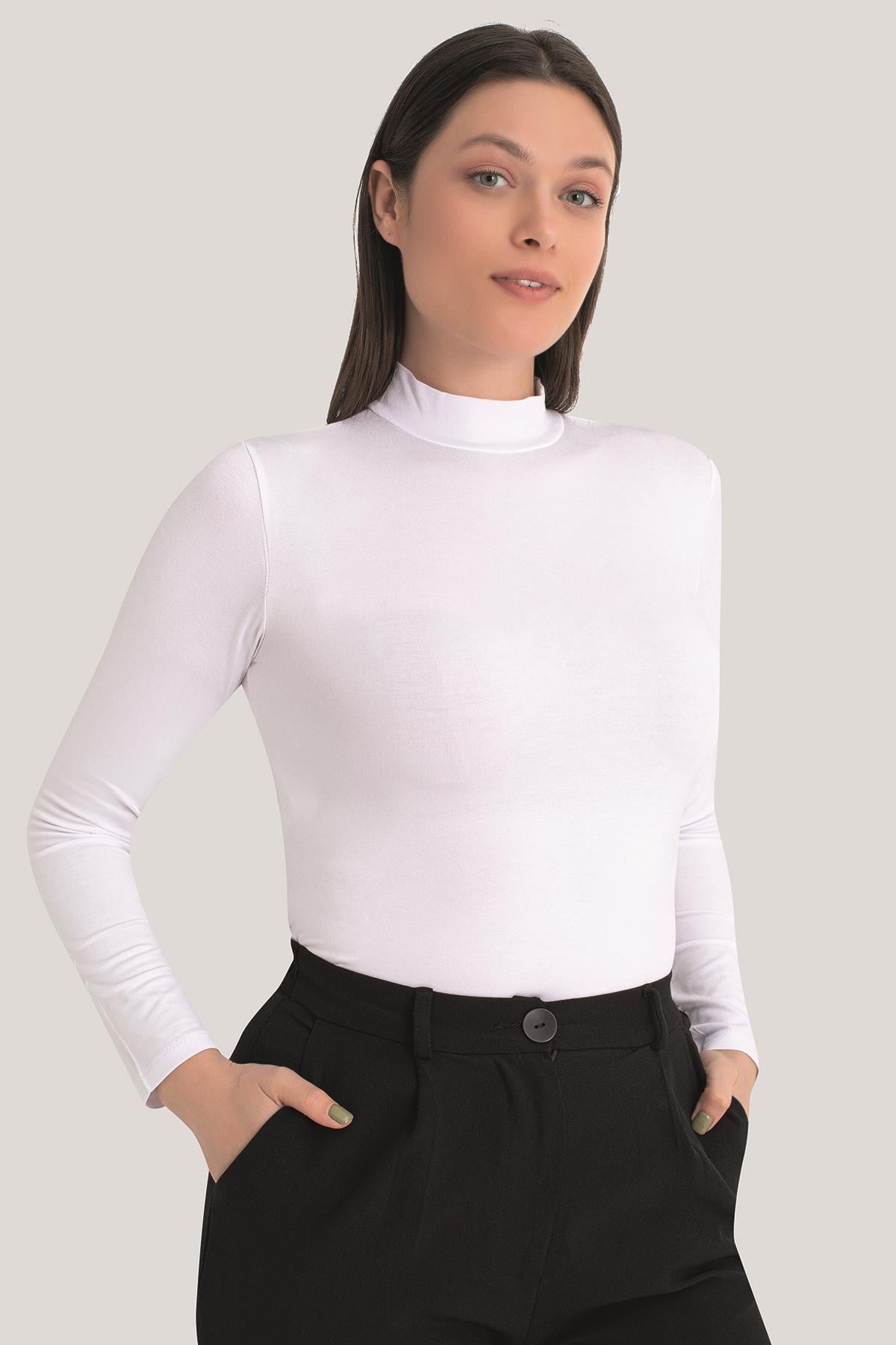 Kadın Beyaz - Siyah Balıkçı Yaka Uzun Kollu Body 2'li Paket