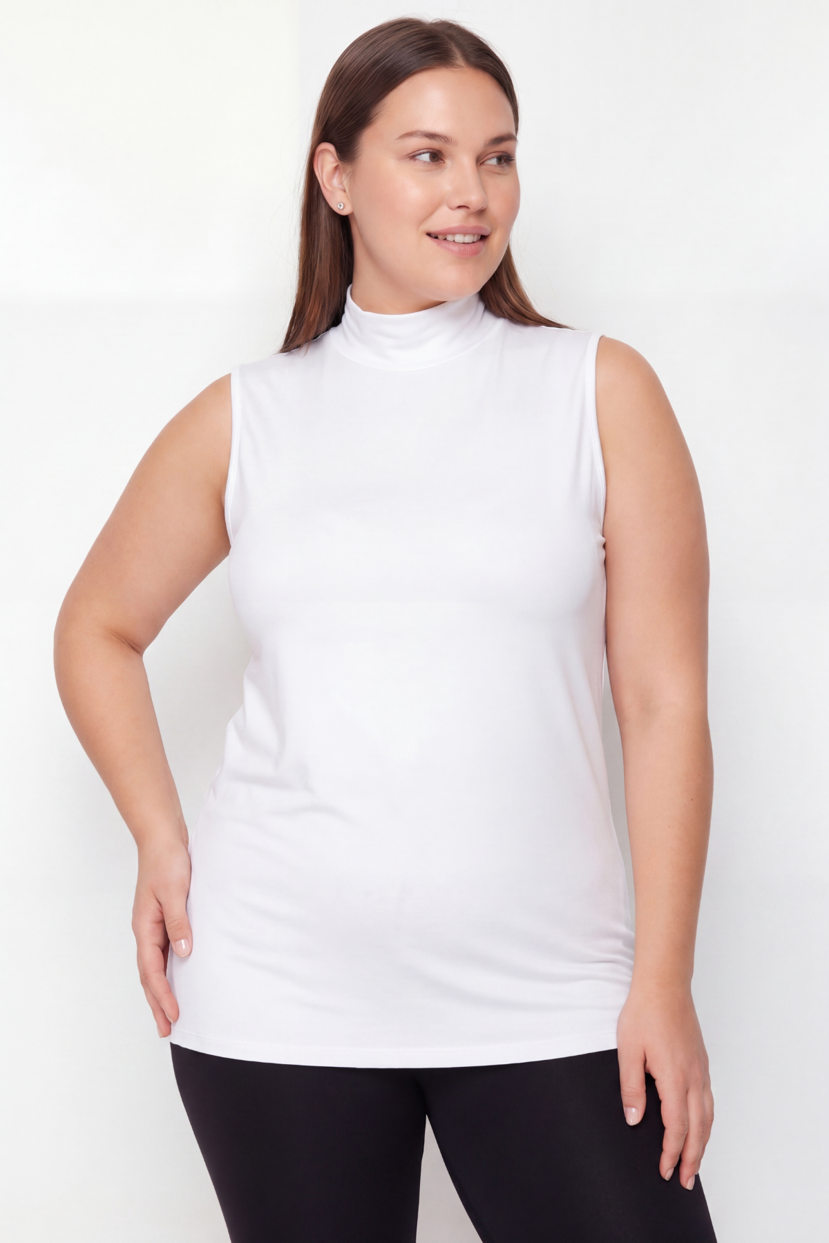 Kadın Büyük Beden Balıkçı Yaka Kolsuz Body Beyaz