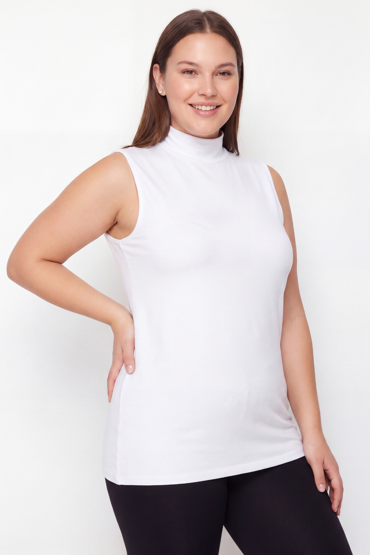 Kadın Büyük Beden Balıkçı Yaka Kolsuz Body Beyaz