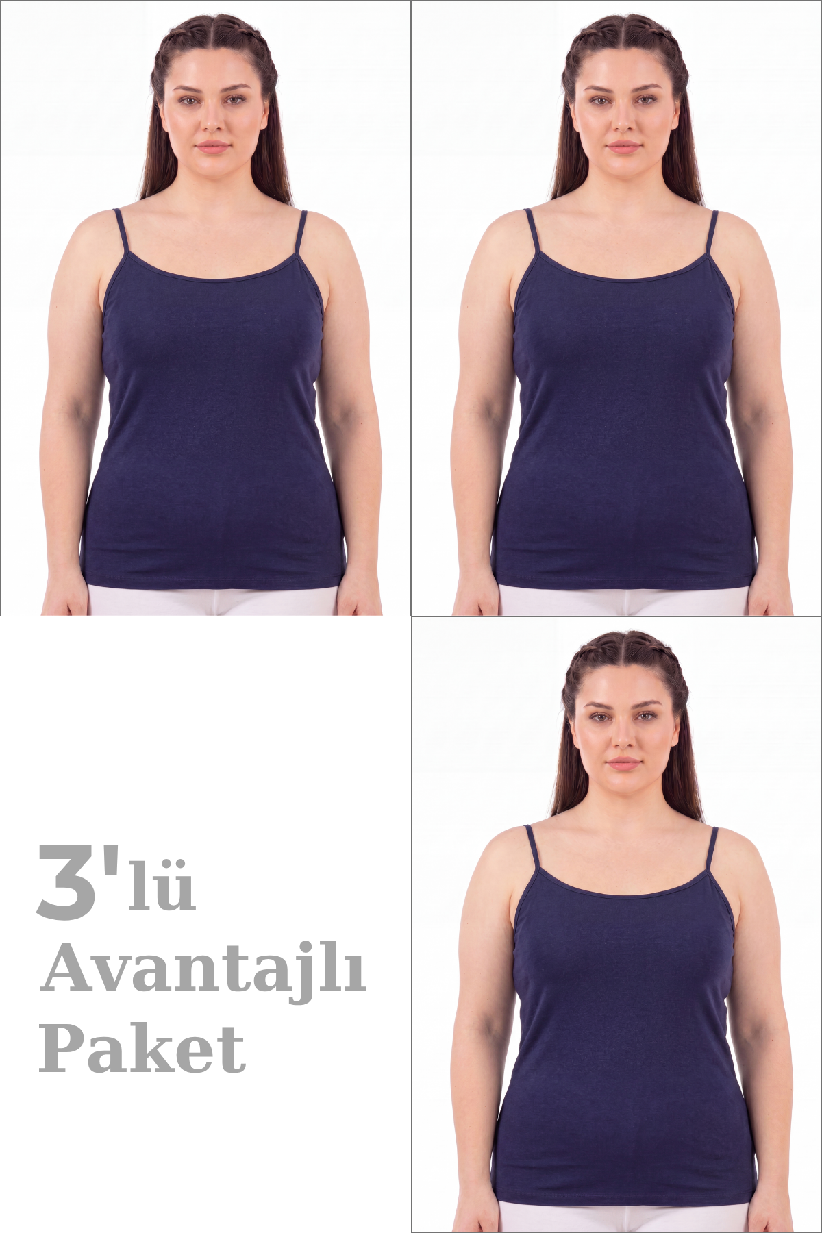 Kadın Büyük Beden İp Askılı Atlet Pamuklu Likralı Yumuşak Esnek Kumaş 3'lü Paket