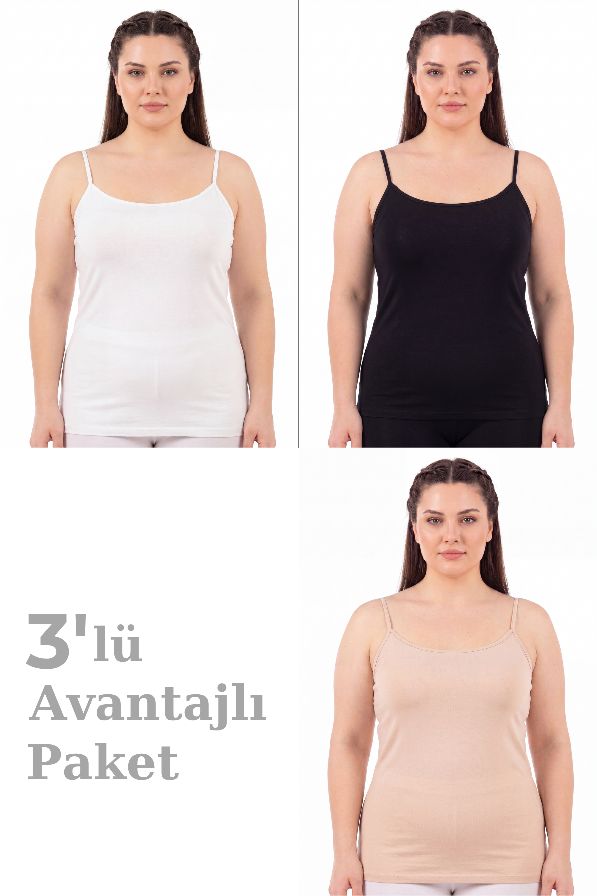 Kadın Büyük Beden İp Askılı Atlet Pamuklu Likralı Yumuşak Esnek Kumaş 3'lü Paket