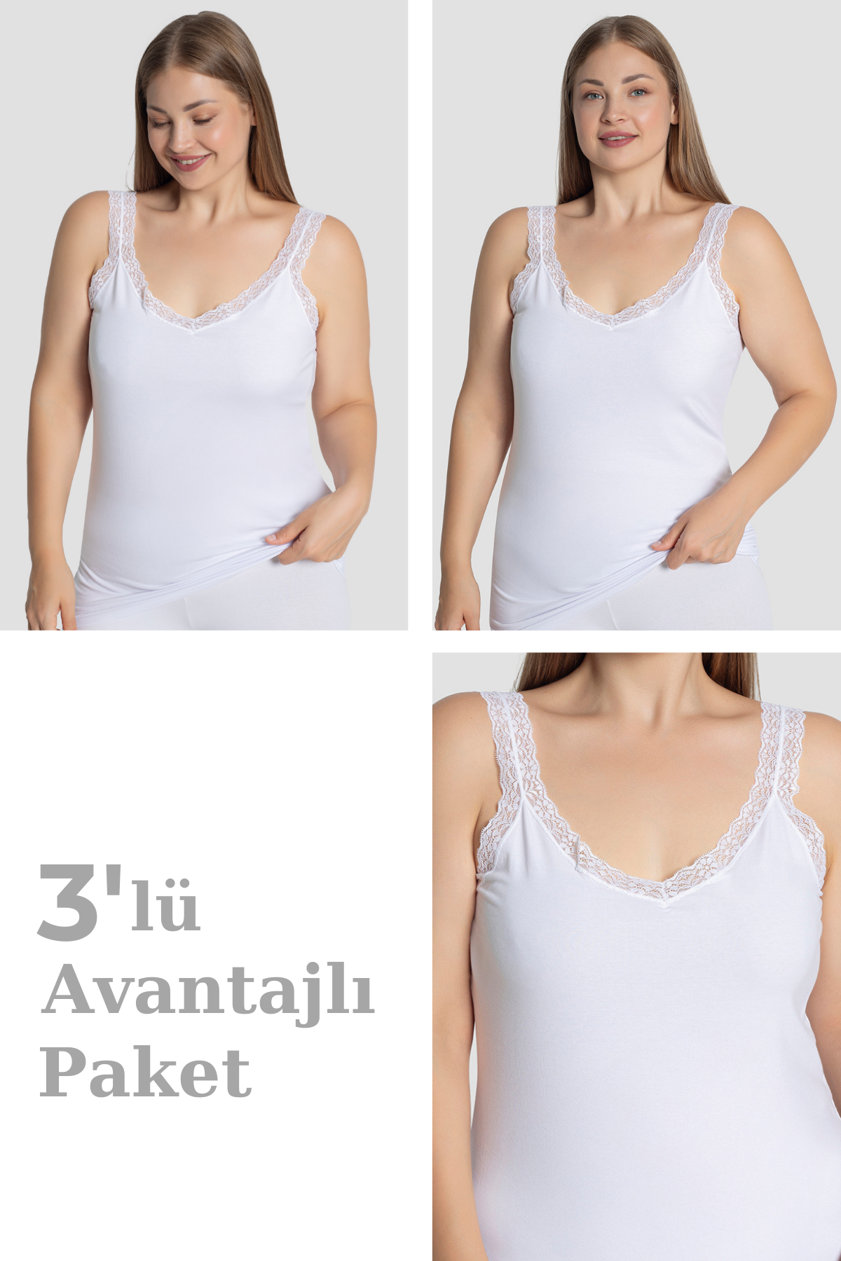 Kadın Büyük Beden Pamuklu Dantelli Atlet Esnek ve Rahat Beyaz 3'lü Paket