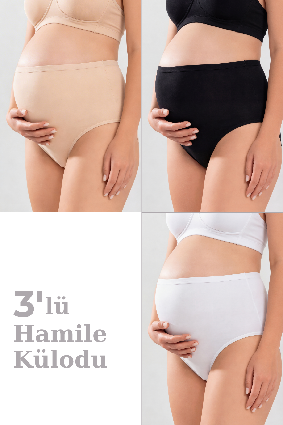 Kadın Lohusa Hamile Külodu Pamuklu Likralı Yumuşak Dokulu Esnek 3'lü Set Beyaz Siyah Ten