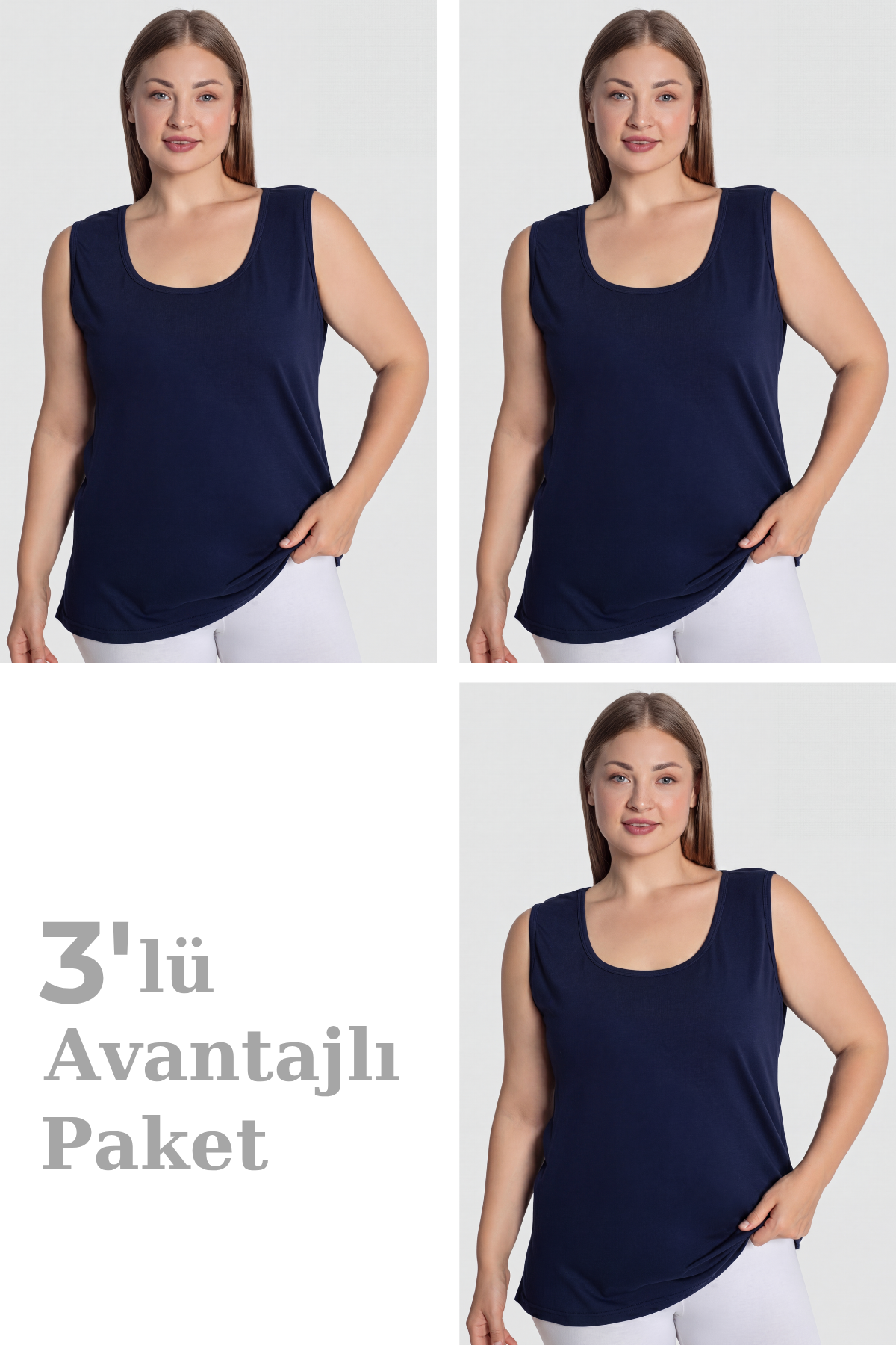 Kadın Pamuklu Büyük Beden Kalın Askılı Atlet 3'lü Paket