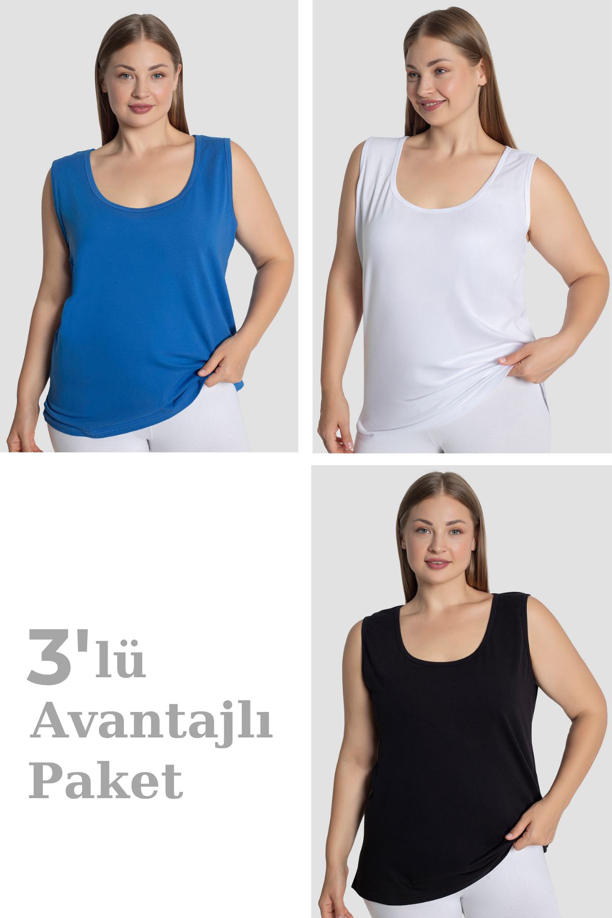 Kadın Pamuklu Büyük Beden Kalın Askılı Atlet 3'lü Paket