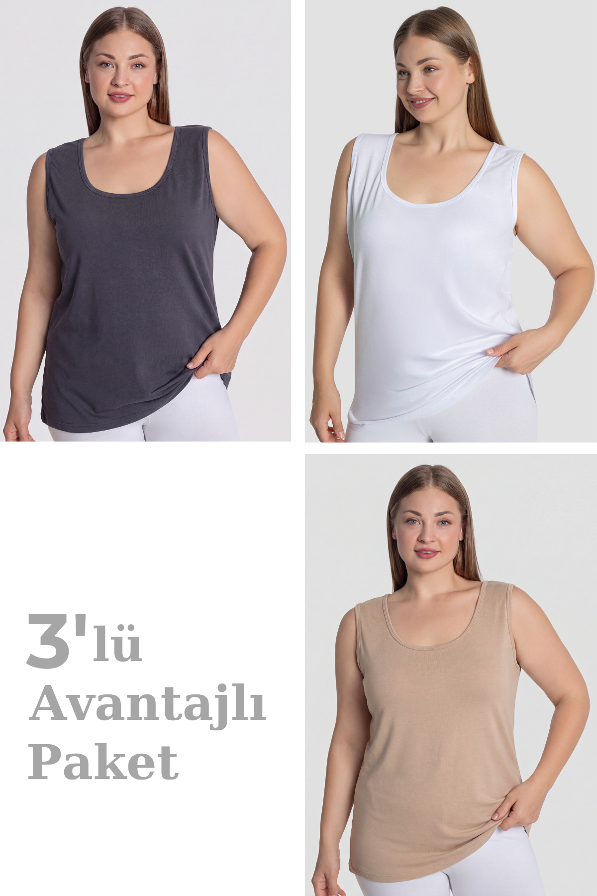 Kadın Pamuklu Büyük Beden Kalın Askılı Atlet 3'lü Paket