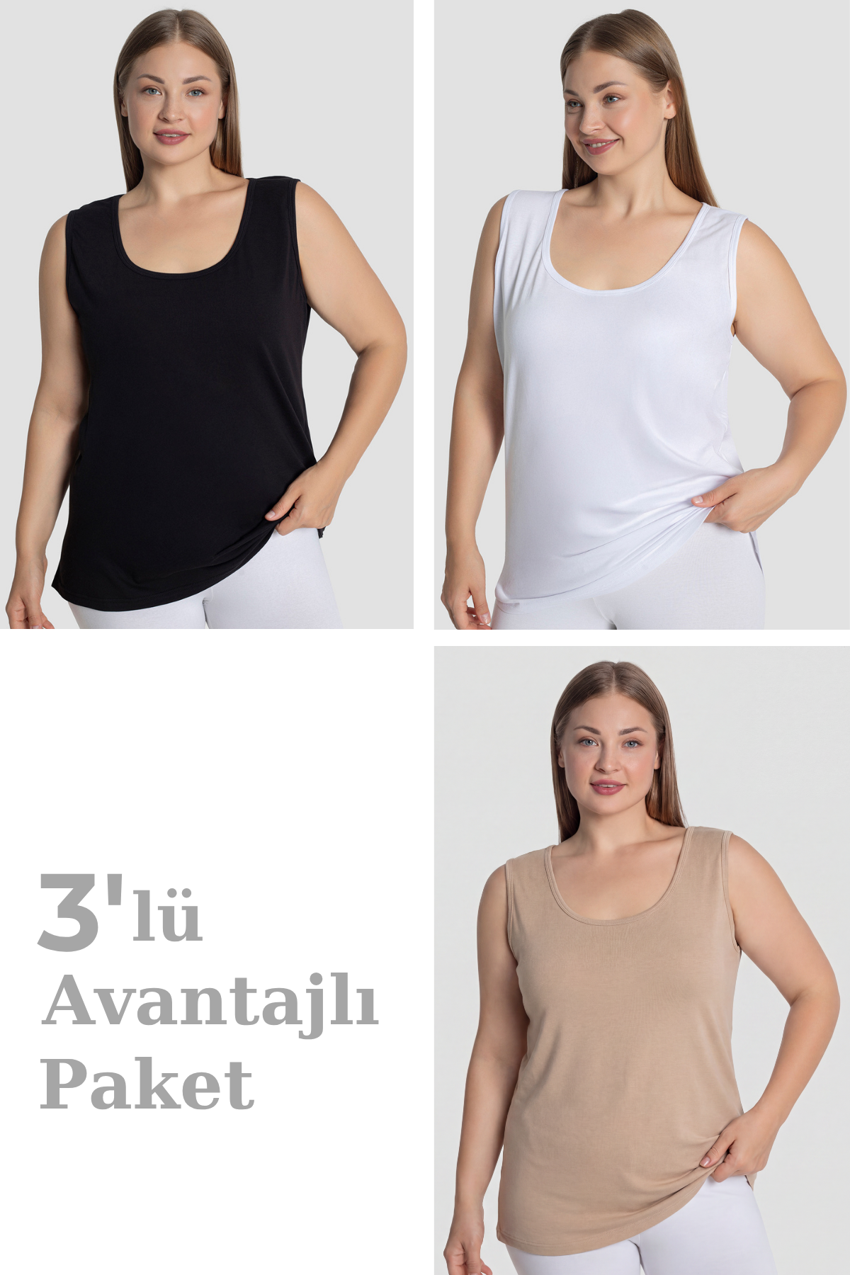 Kadın Pamuklu Büyük Beden Kalın Askılı Atlet 3'lü Paket
