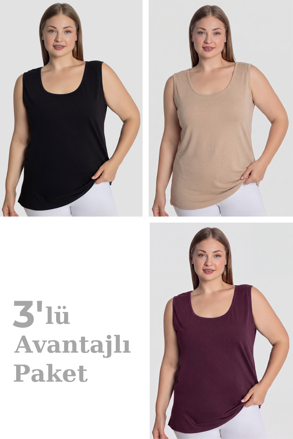 Kadın Pamuklu Büyük Beden Kalın Askılı Atlet 3'lü Paket