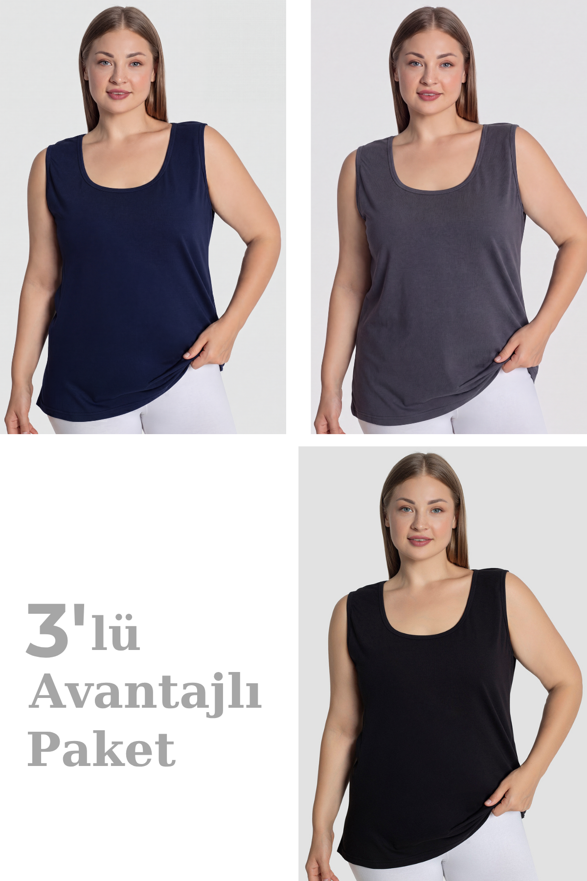 Kadın Pamuklu Büyük Beden Kalın Askılı Atlet 3'lü Paket