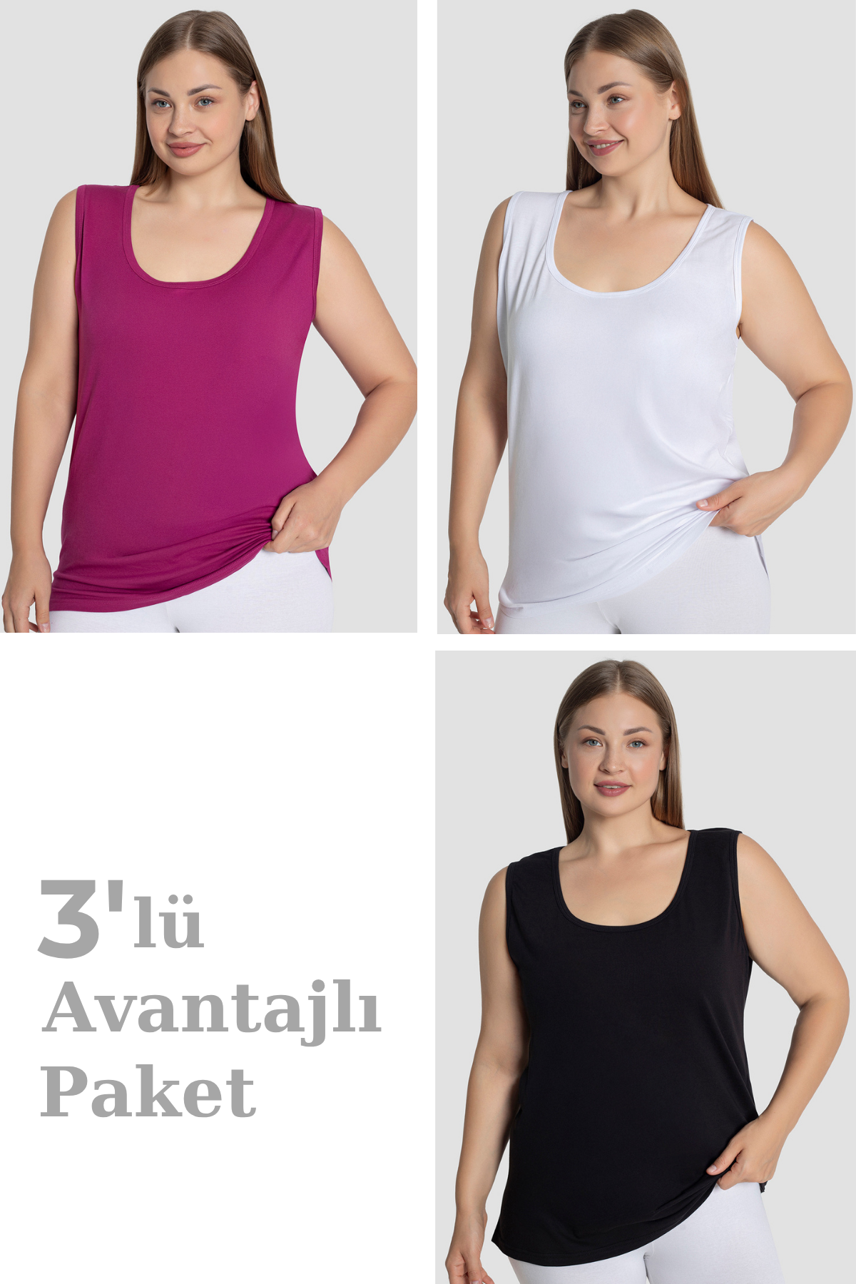 Kadın Pamuklu Büyük Beden Kalın Askılı Atlet 3'lü Paket