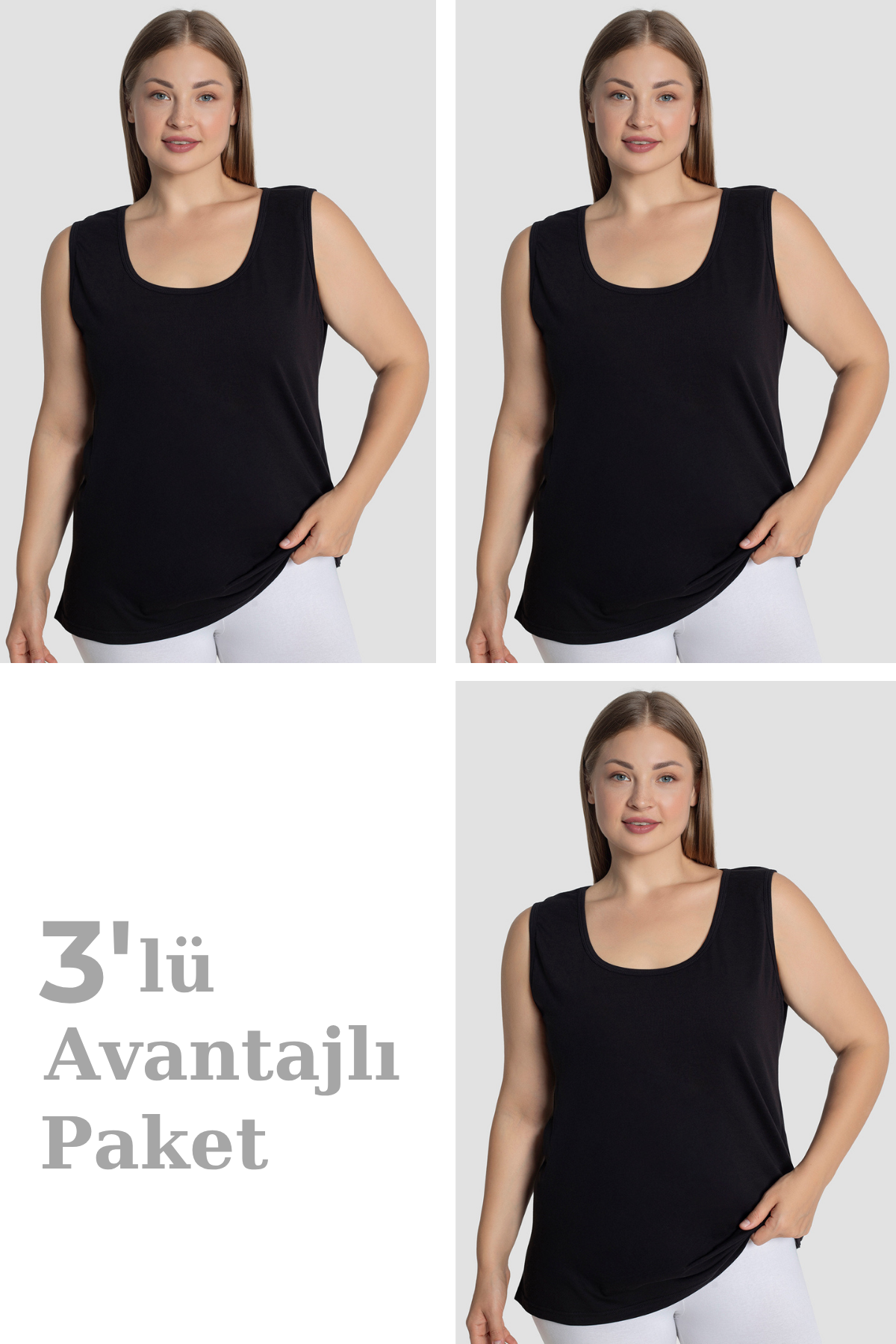 Kadın Pamuklu Büyük Beden Kalın Askılı Atlet 3'lü Paket
