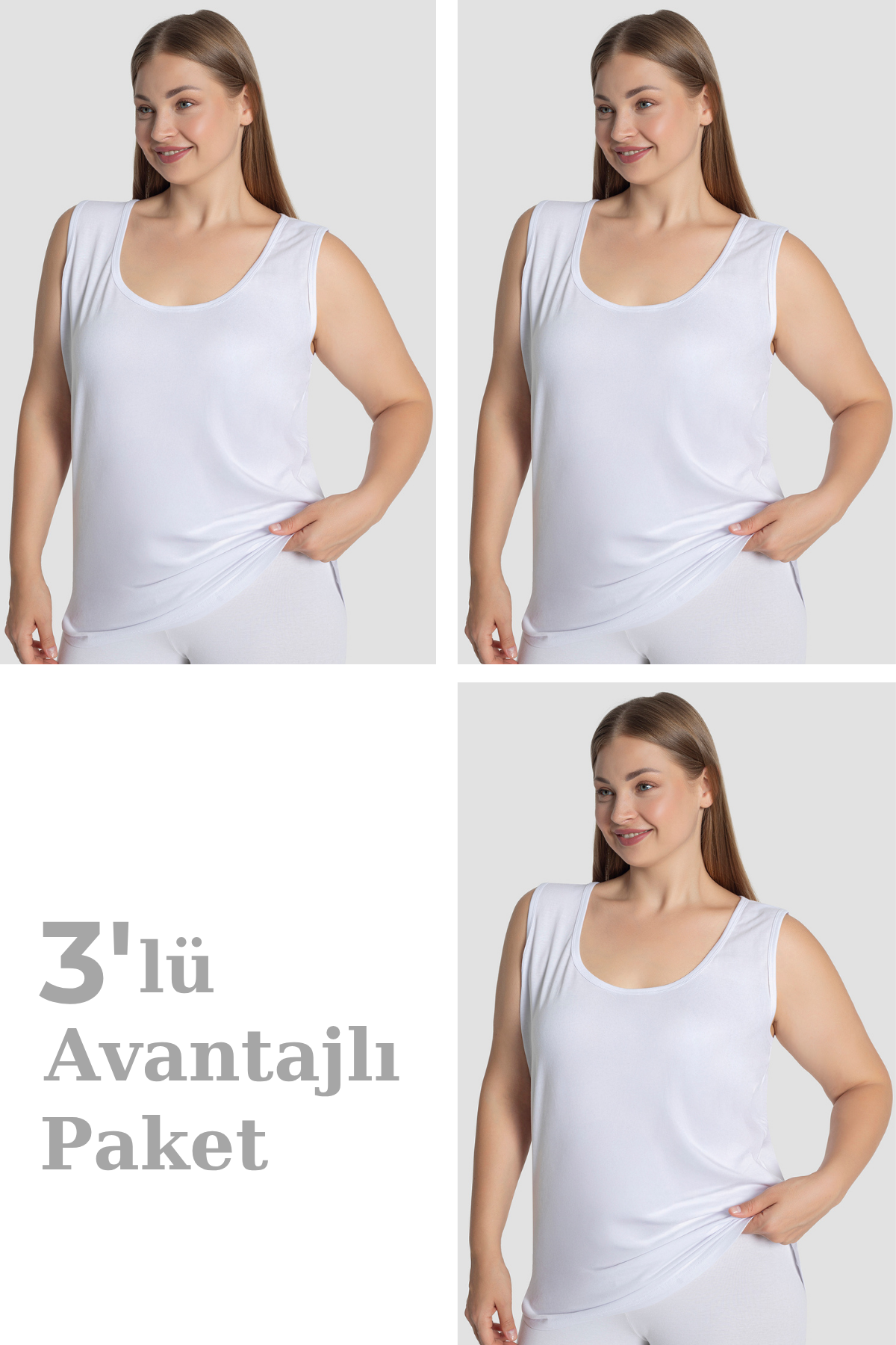 Kadın Pamuklu Büyük Beden Kalın Askılı Atlet 3'lü Paket