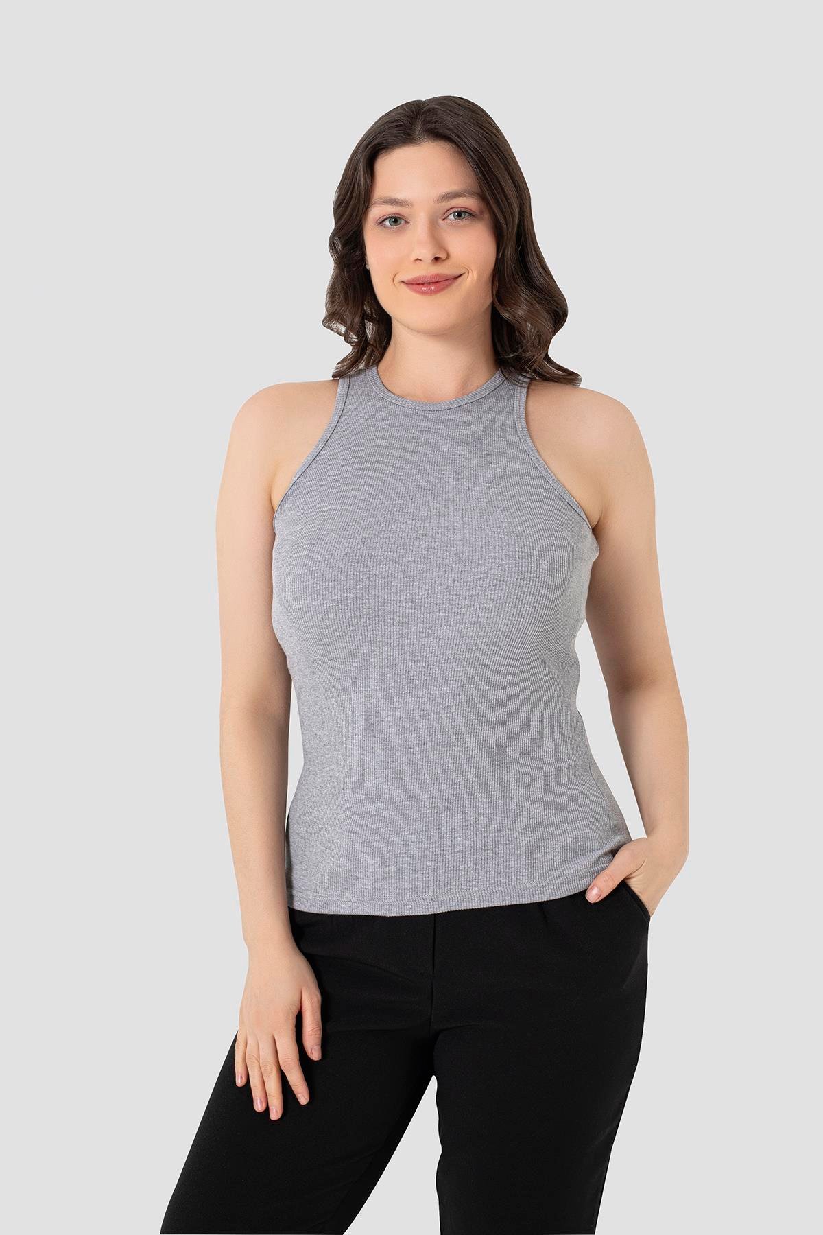 Kadın Pamuklu Fitilli Görünümlü Halter Yaka Basic Gri Atlet 2'li Paket