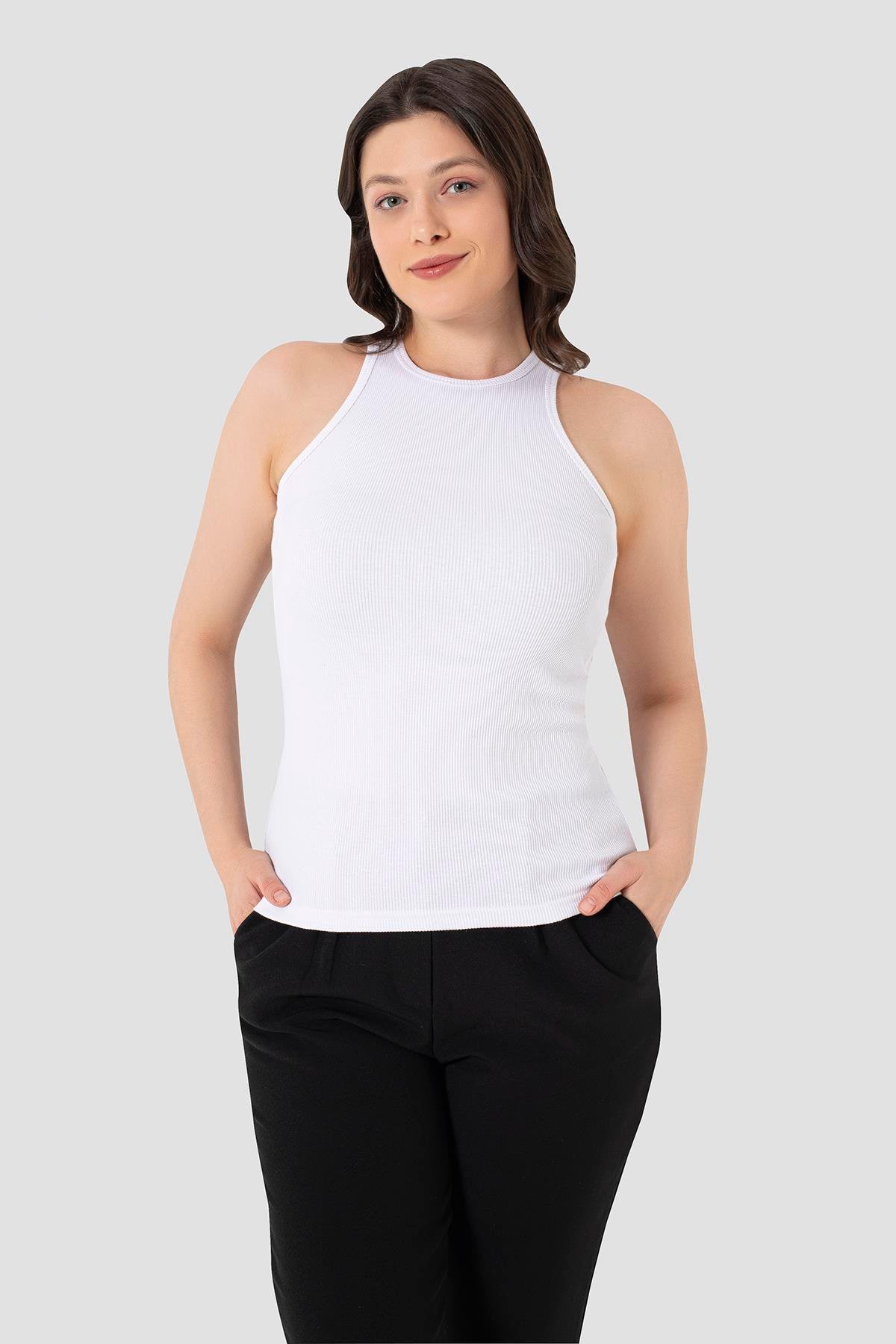 Kadın Pamuklu Fitilli Görünümlü Halter Yaka Basic Beyaz Atlet 2'li Paket